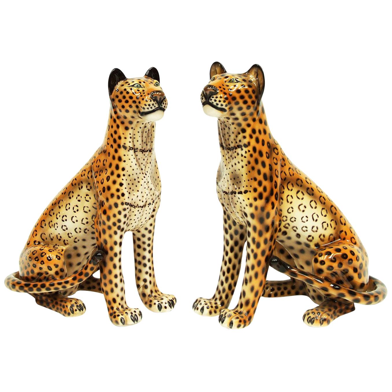 Pair of Large 1960s Ceramic Leopards by Favaro Cecchetto, Italy