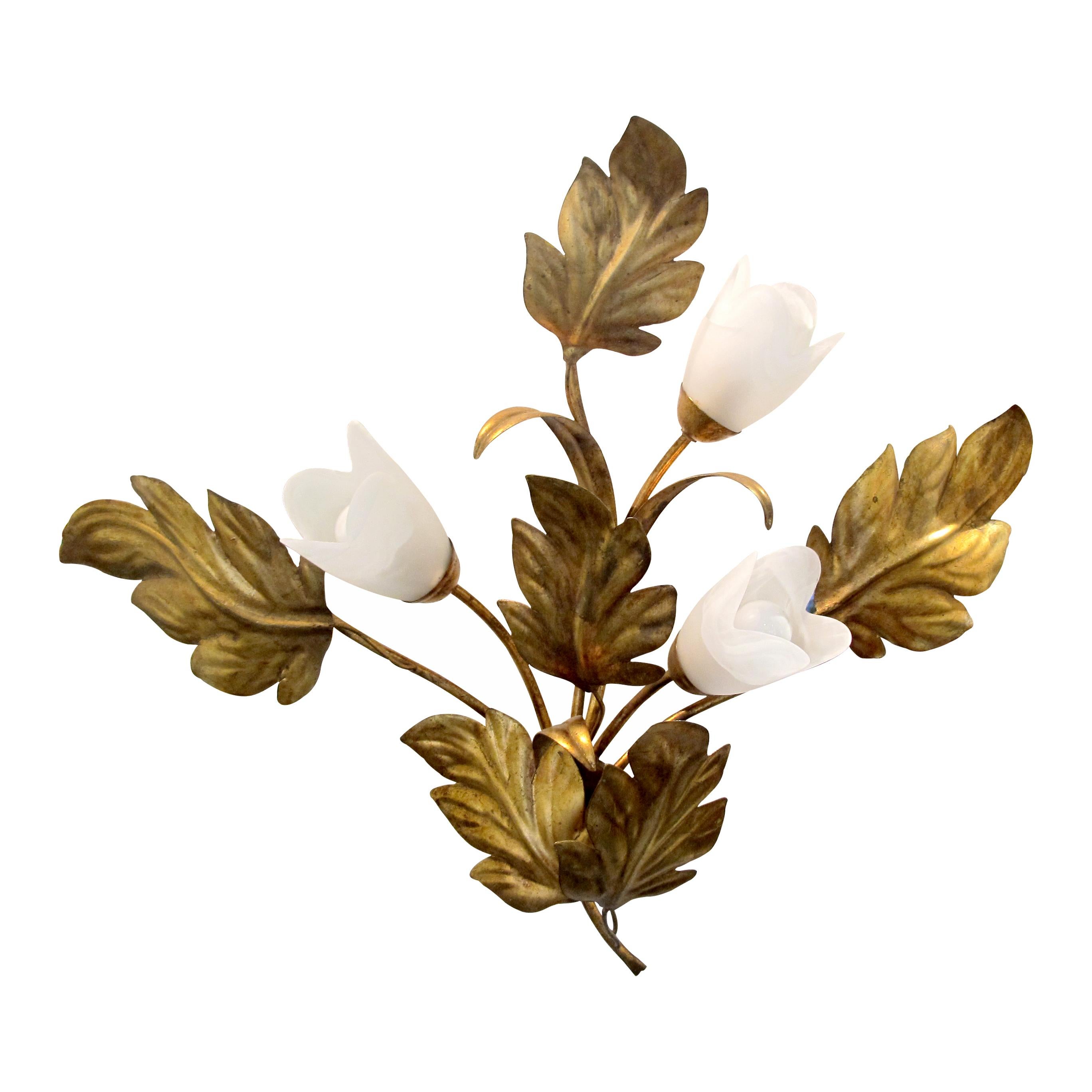 Large pair of mid-century gilt metal floral lights by the acclaimed German designer Hans Kögl. Each wall light boasts three tulip-shaped frosted glass shades with a marbling effect. The wall lights are in good condition and highly decorative.
