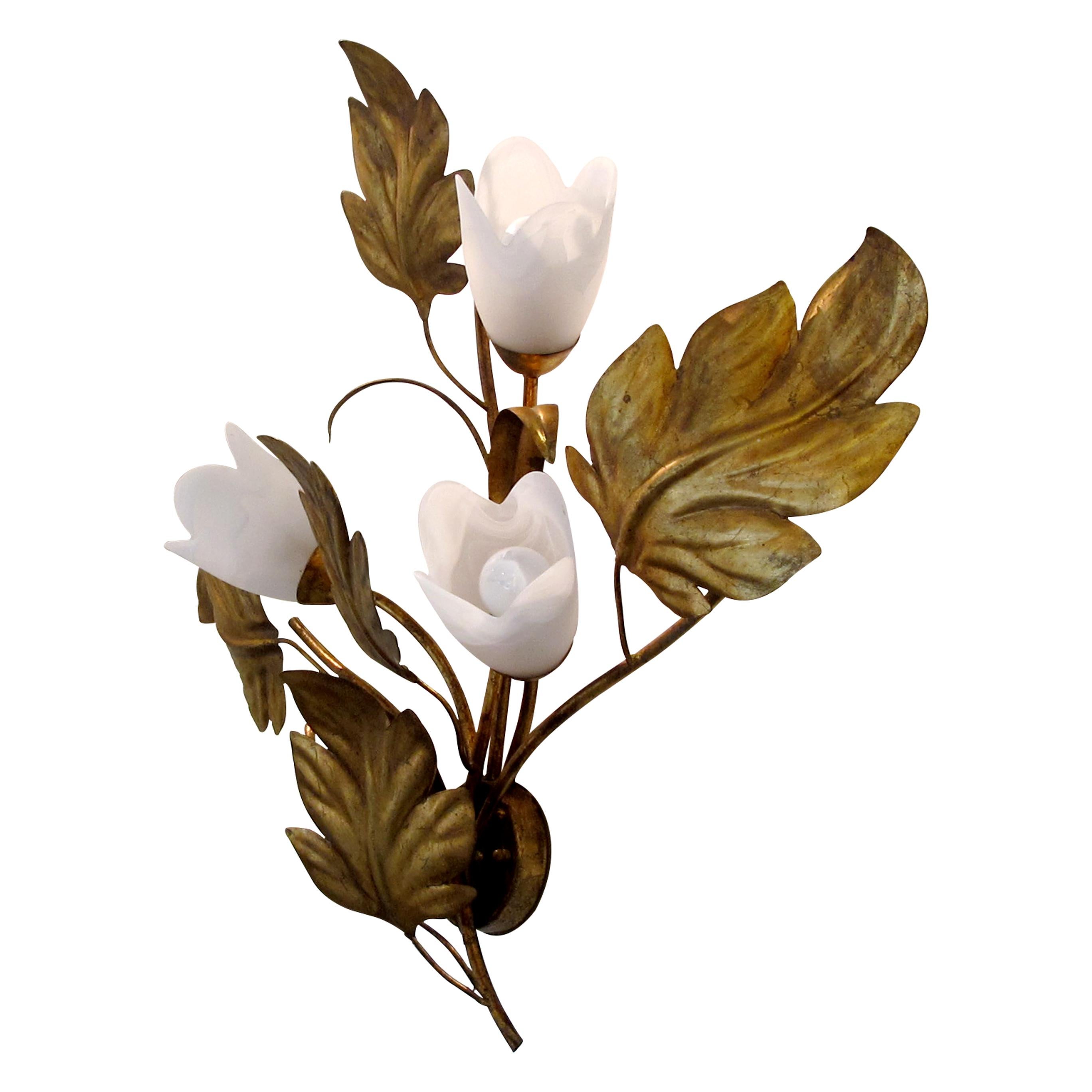 Pair of Large 1960s German Floral & Gilt Metal Leaf Wall Lights by Hans Kögl In Good Condition In London, GB