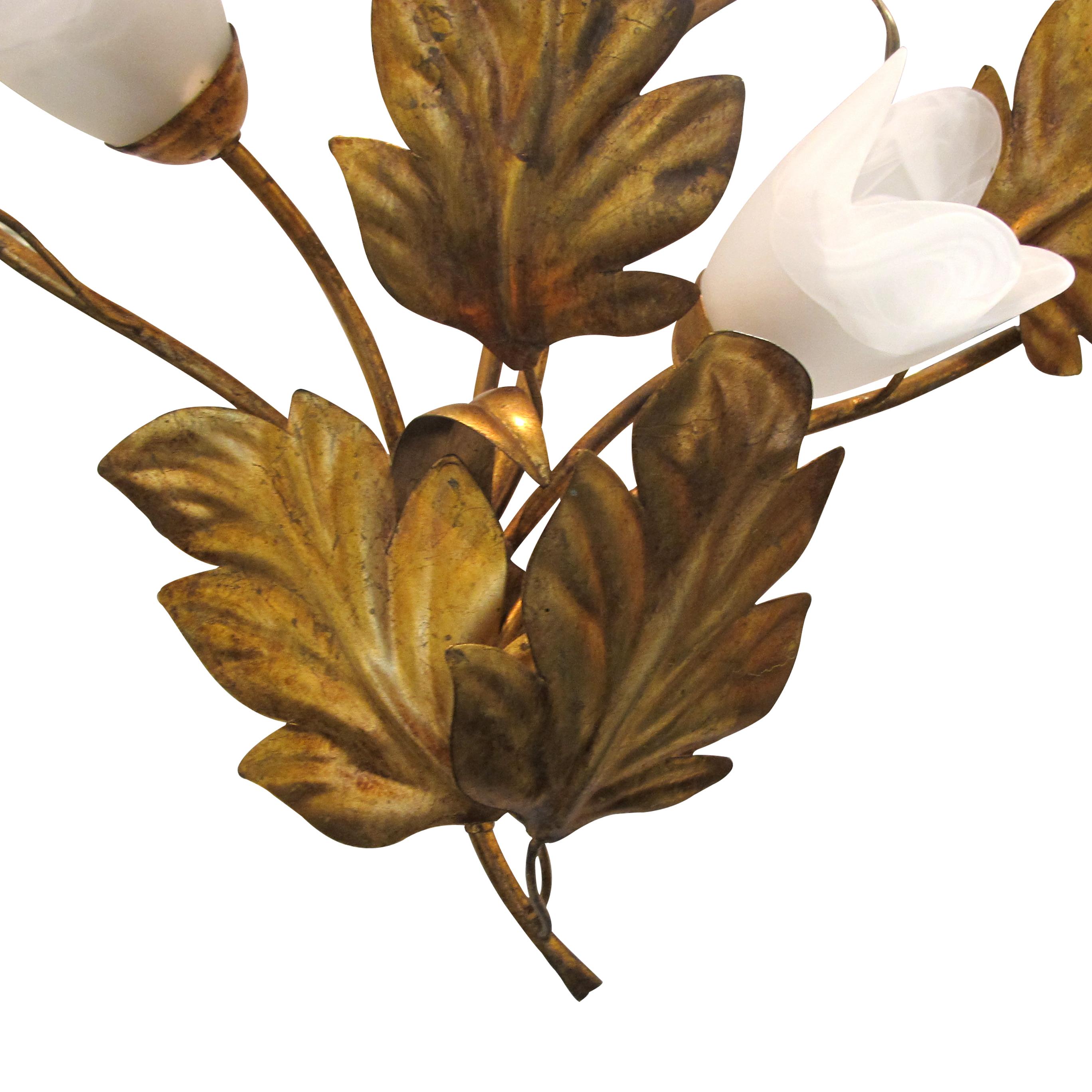 Mid-20th Century Pair of Large 1960s German Floral & Gilt Metal Leaf Wall Lights by Hans Kögl