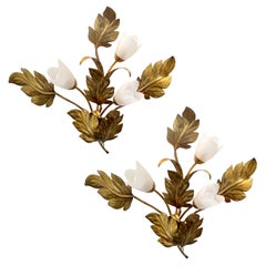 Pair of Large 1960s German Floral & Gilt Metal Leaf Wall Lights by Hans Kögl