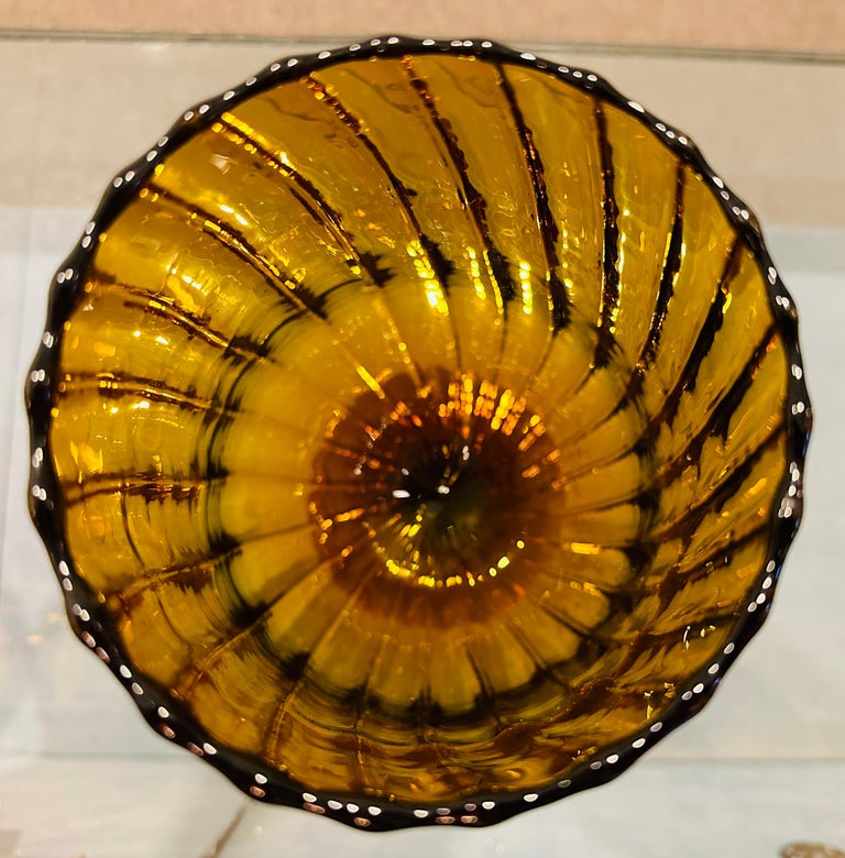 Pair of Large 1960s Italian Amber Swirled Ribbed Glass Goblet