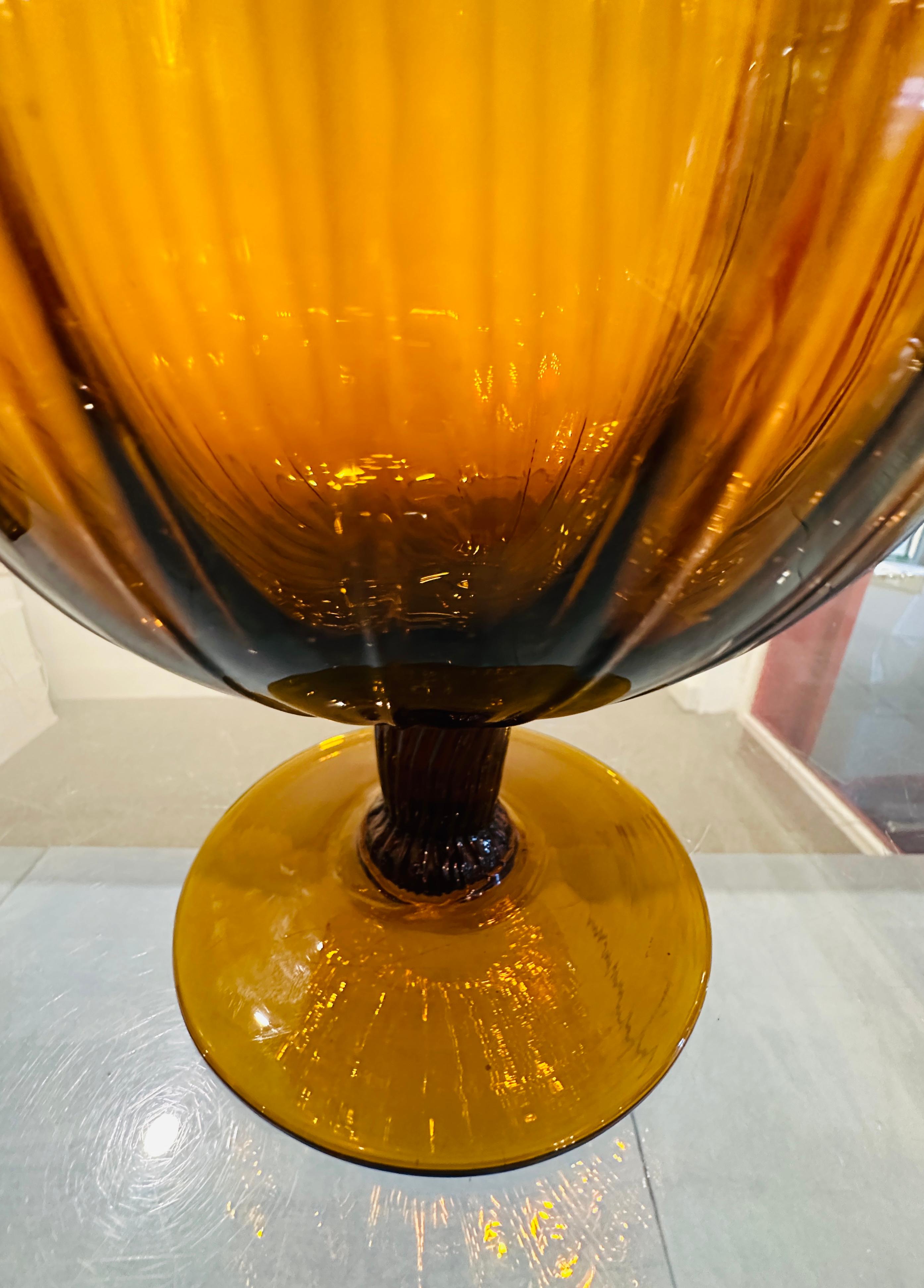 Pair of Large 1960s Italian Amber Swirled Ribbed Glass Goblet Chalice Vases For Sale 6