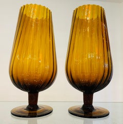 Pair of Large 1960s Italian Amber Swirled Ribbed Glass Goblet Chalice Vases