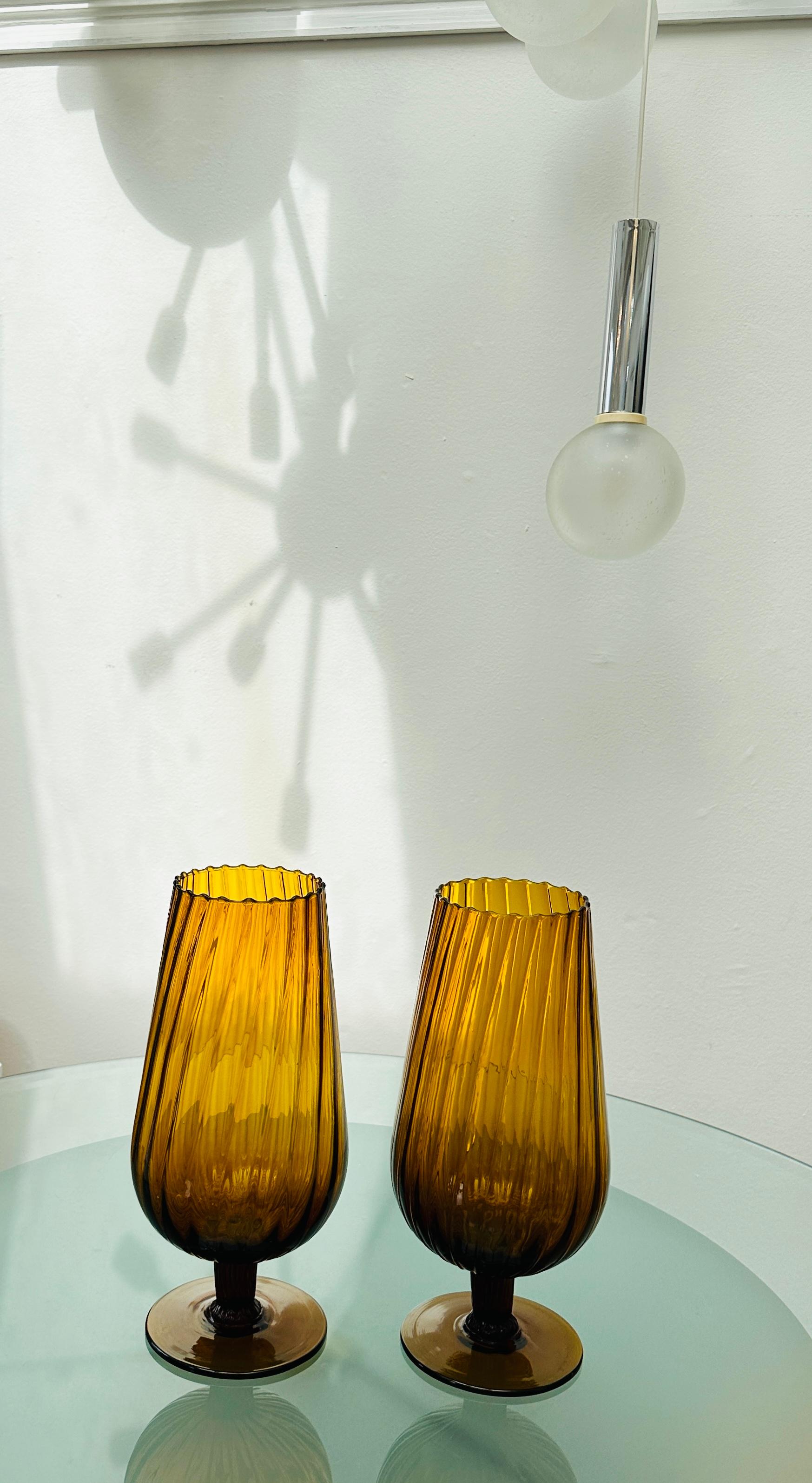 Pair of Large 1960s Italian Amber Swirled Ribbed Glass Goblet Chalice Vases In Good Condition For Sale In London, GB