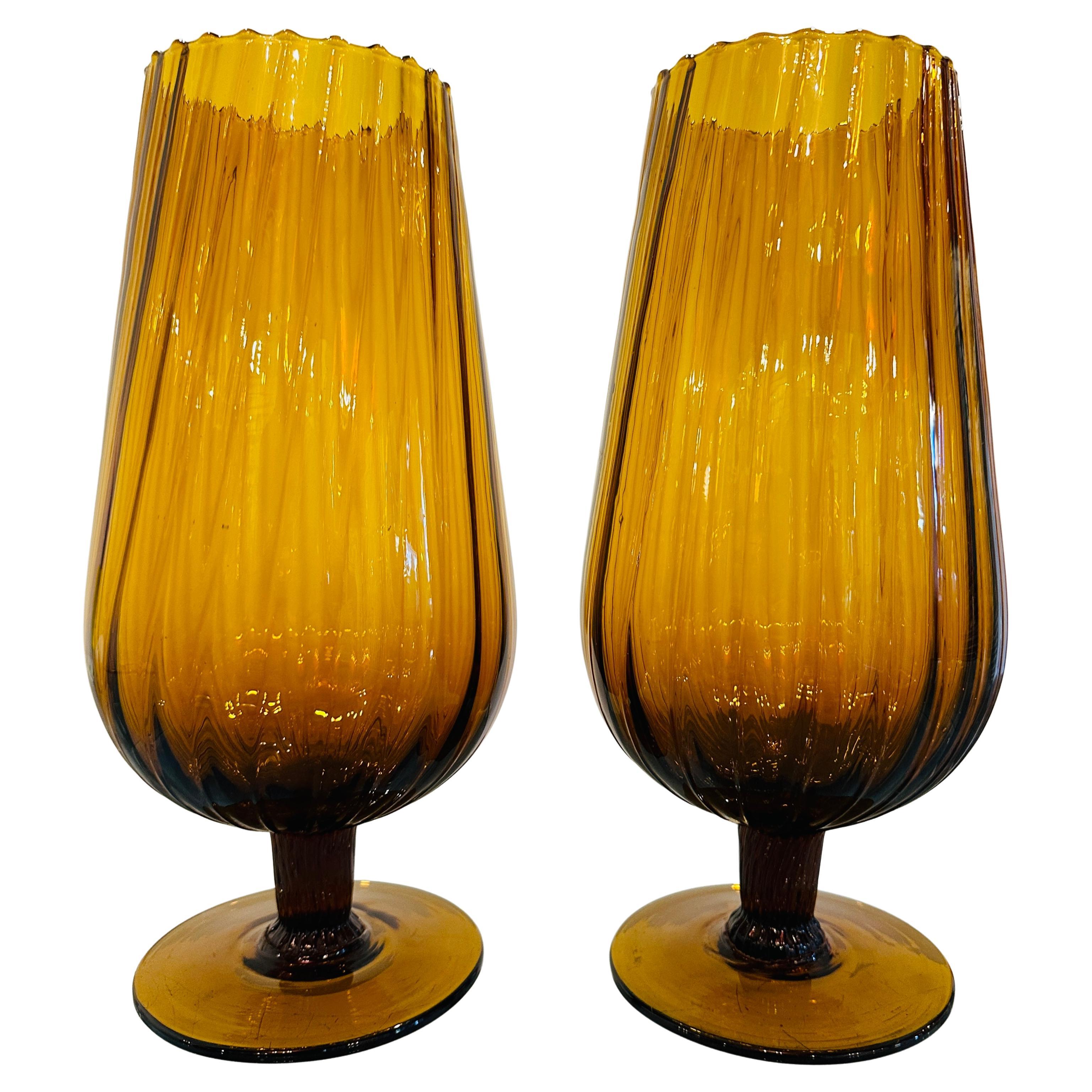 Pair of Large 1960s Italian Amber Swirled Ribbed Glass Goblet Chalice Vases For Sale