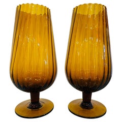 Pair of Large 1960s Italian Amber Swirled Ribbed Glass Goblet Chalice Vases