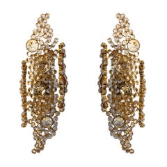 Pair of Large 1960s Modernist Palwa Wall Sconces, Brass and Faceted Crystals