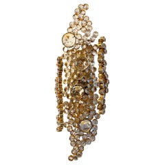 Pair of Large 1960s Modernist Palwa Wall Sconces, Brass and Faceted Crystals