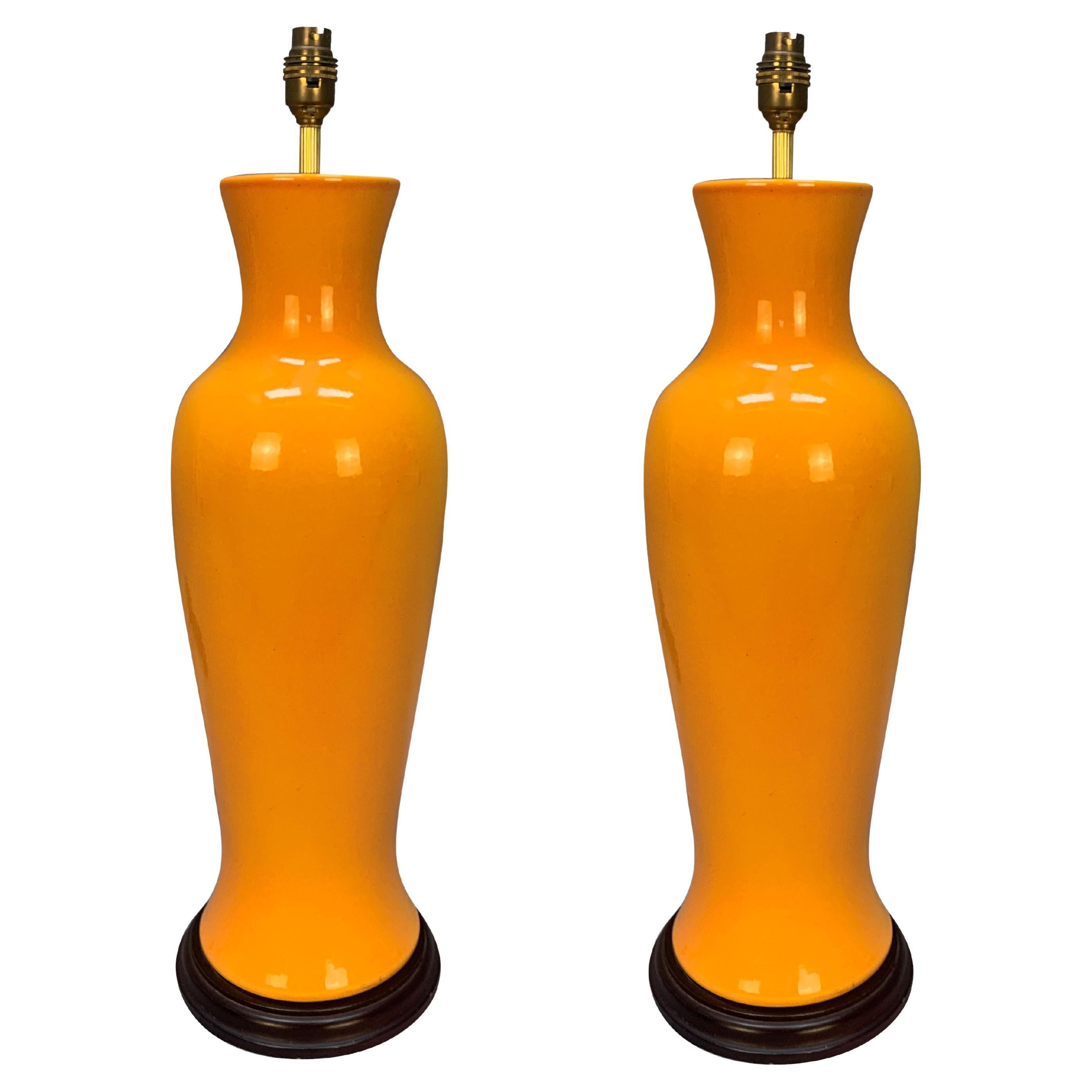 Pair Of Large 1960's Orange Porcelain Lamps