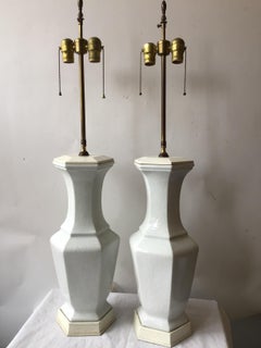 Pair of Large 1960s White Ceramic Vase Lamps with Subtle Floral Pattern