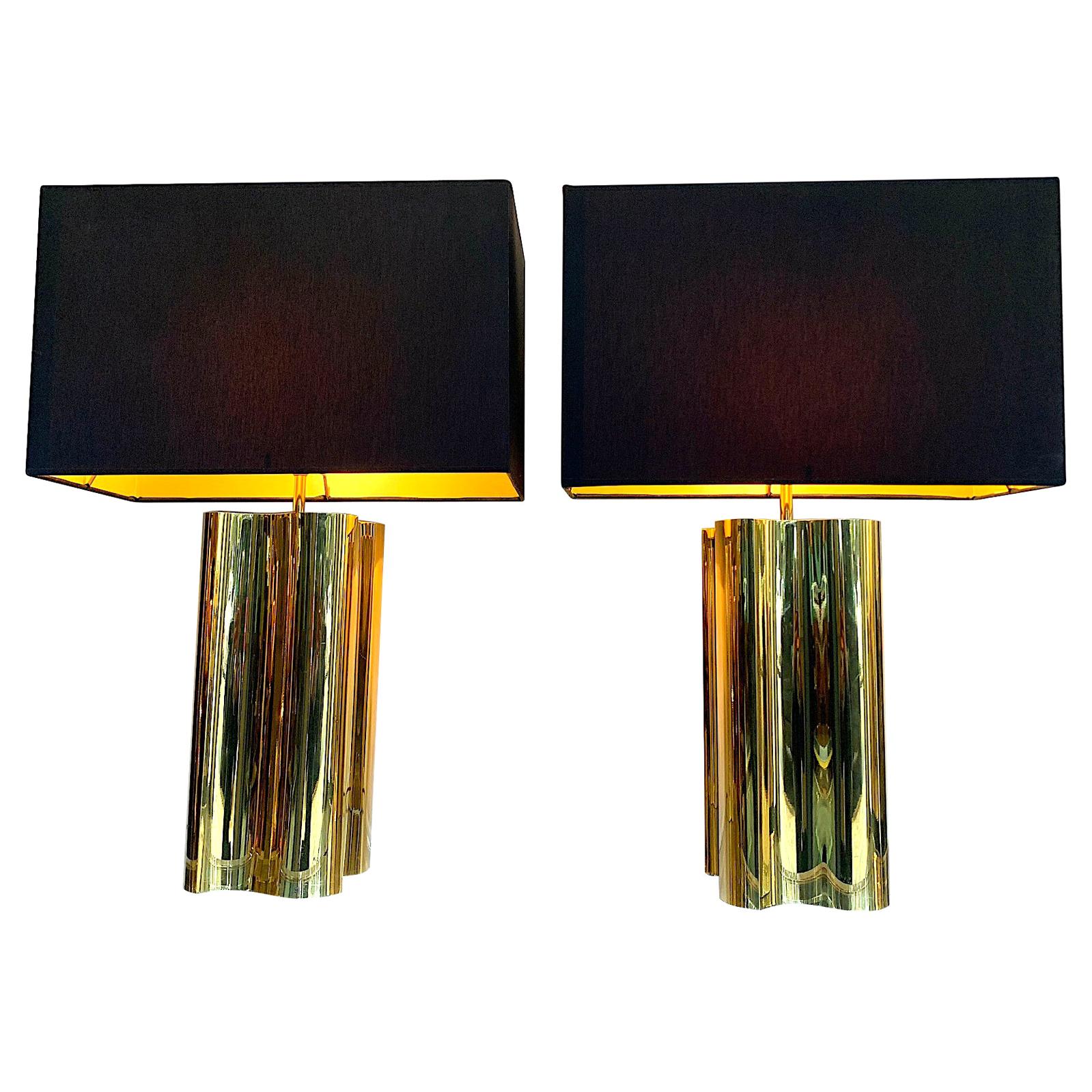 Pair of Large 1970s Brass Lamps with Interesting Curved Corners and New Shades