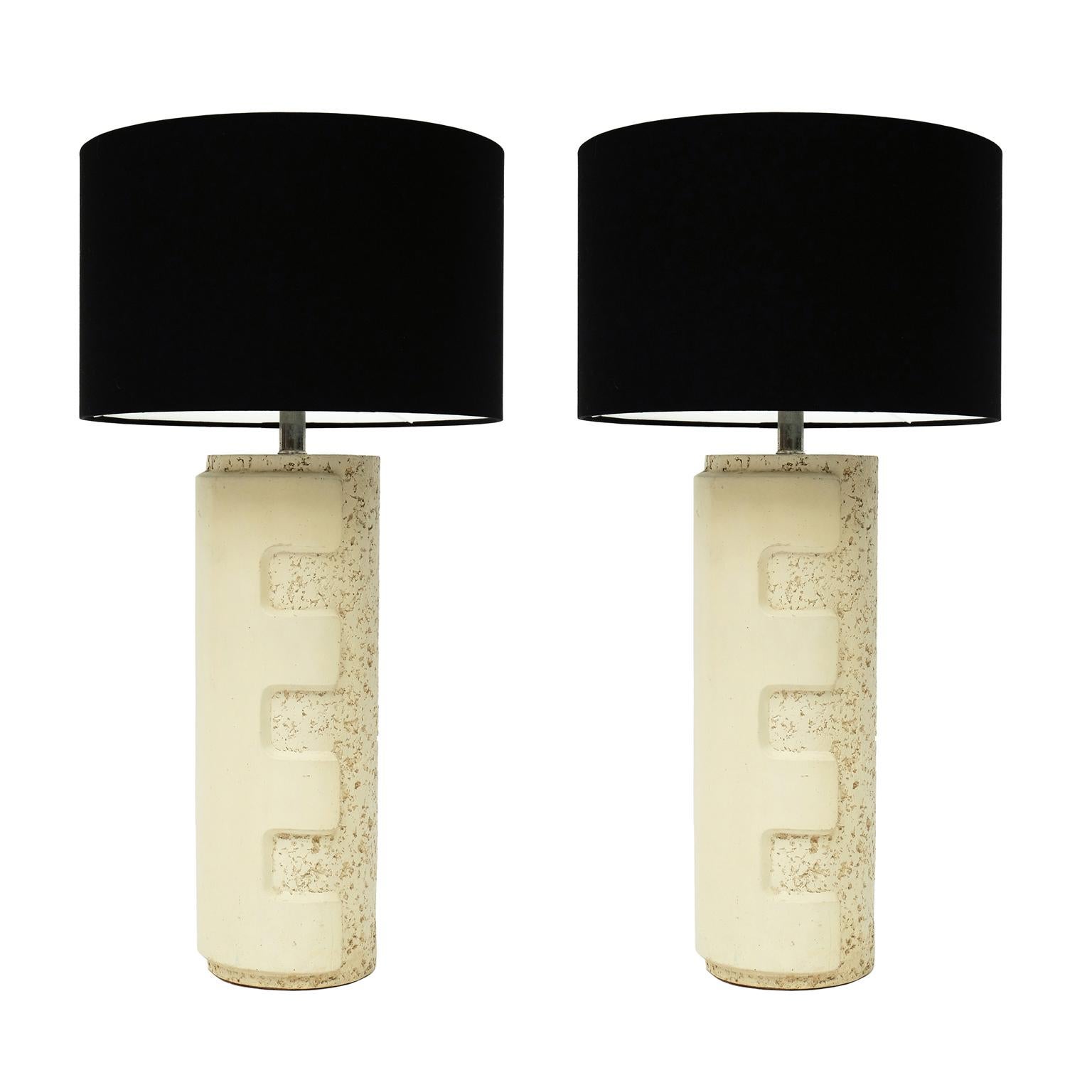North American Pair of Large 1970s Brutalist Ceramic Cylinder Table Lamps
