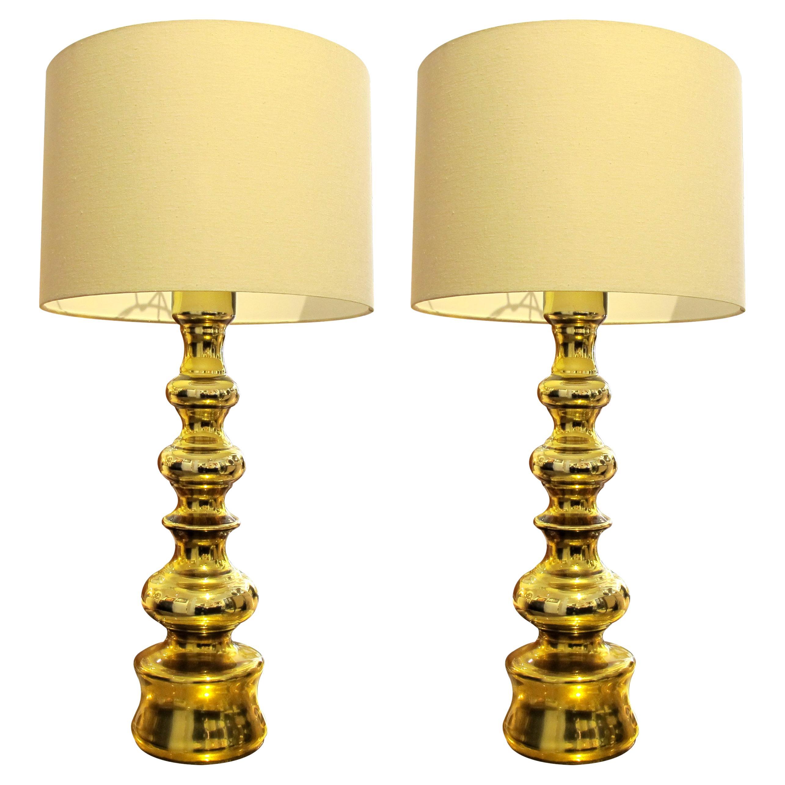 Pair of Large 1970s Elegant Mid Century Swedish Gold Glass Table Lamps