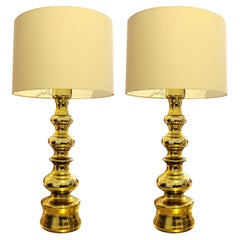 Pair of Large 1970s Elegant Mid Century Swedish Gold Glass Table Lamps