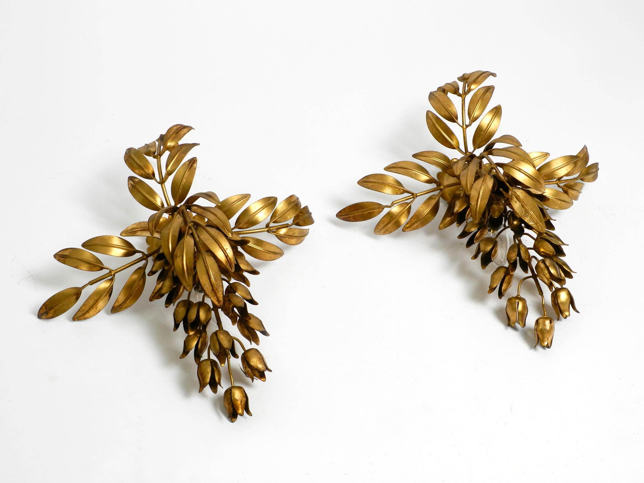 Pair of rare large 1970s gold plated floral wall lamps.
Design by Hans Kögl model Wisteria. Very old production. Bought from their first owner.
Beautiful design with lots of details. These two wall lamps are the XL versions of the Wisteria