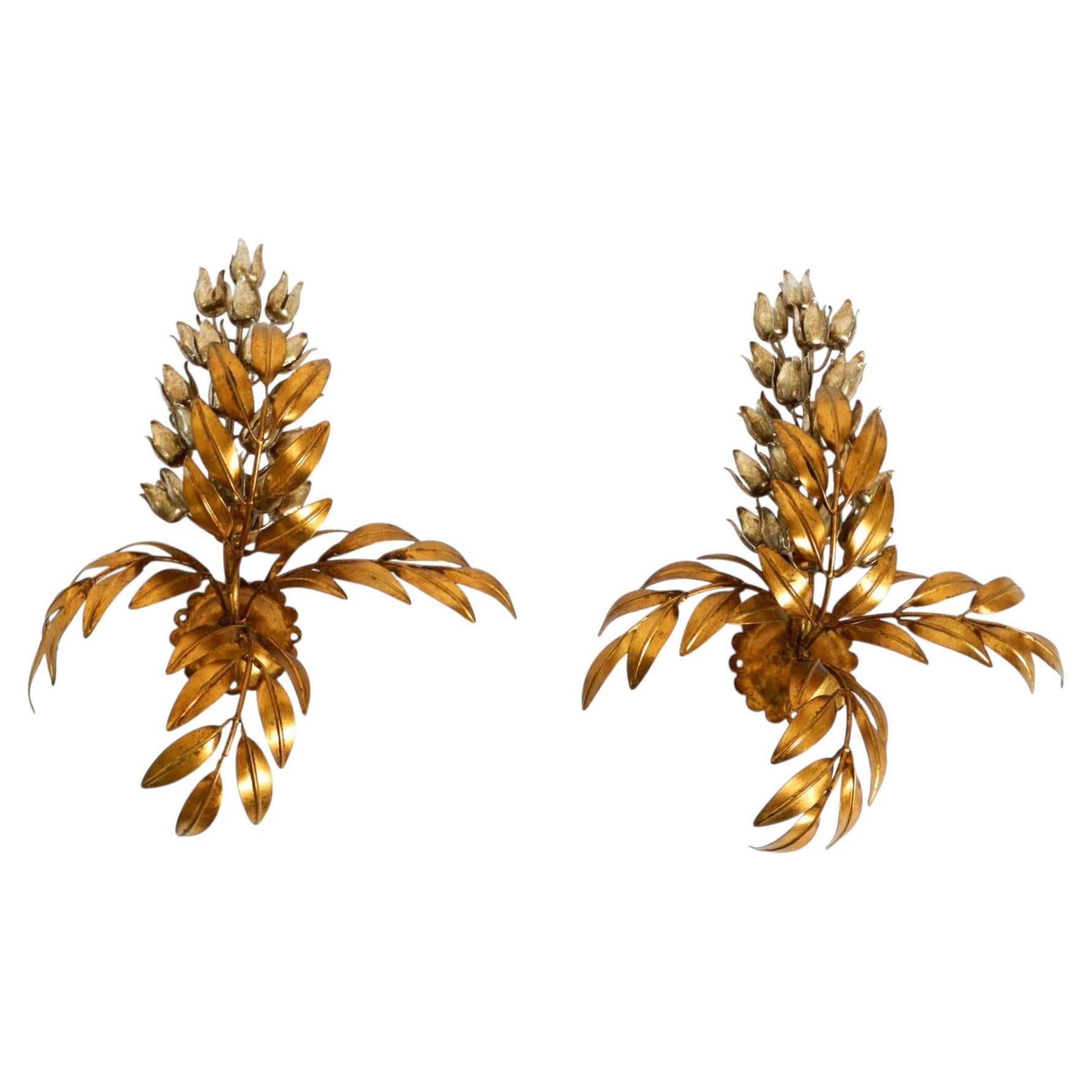 Pair of large 1970s gold-plated metal wall lamps, model Wisteria by Hans Kögl