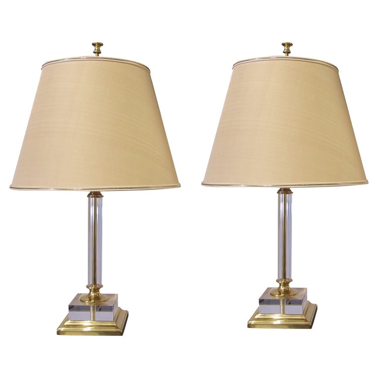 Pair of Large 1970s Italian Lucite & Brass Table Lamps with Conical Lampshades For Sale