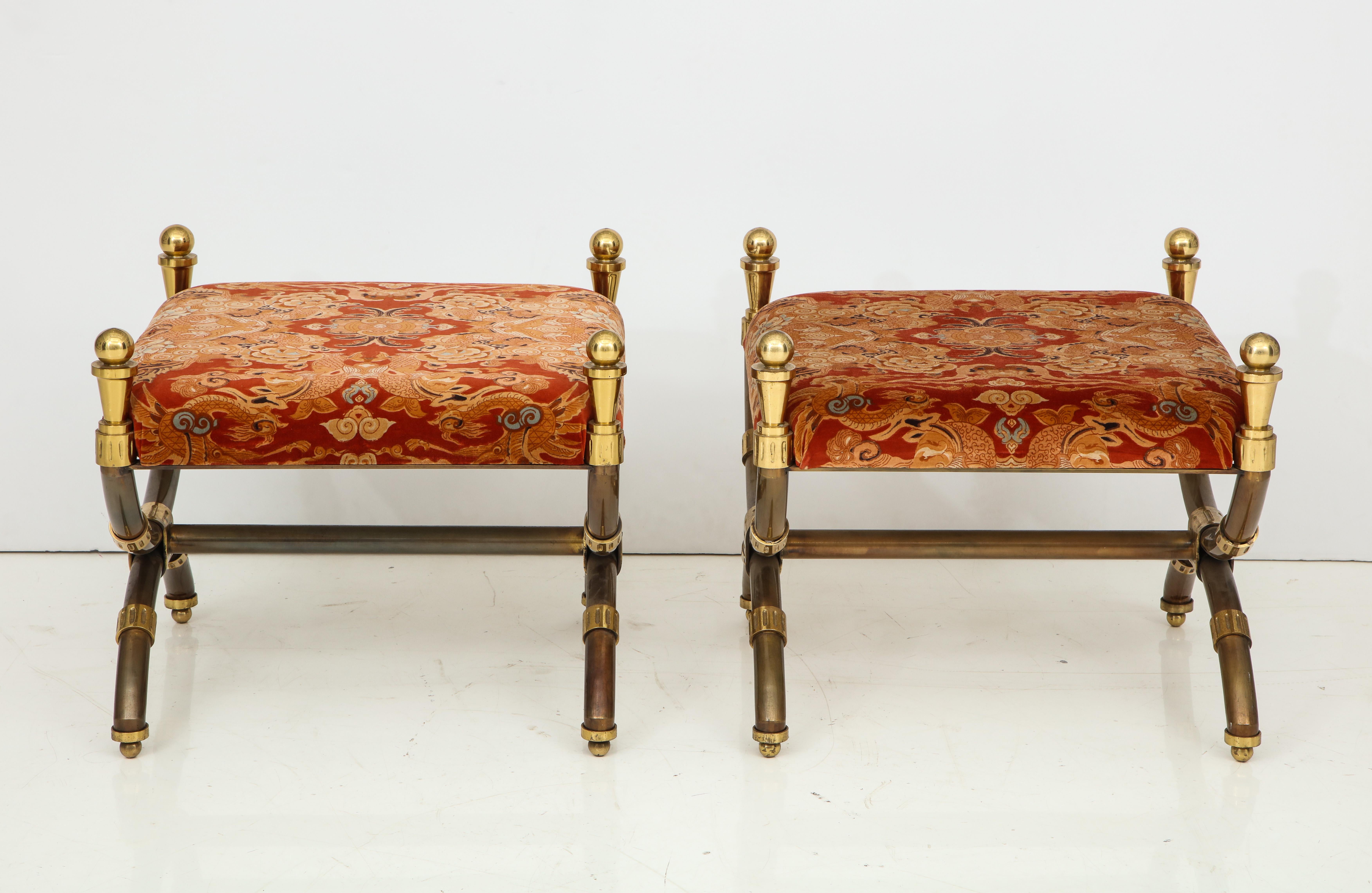 Mid-Century Modern Pair of Large 1970s Steel and Brass Benches Attributed to Alberto Orlandi, Italy
