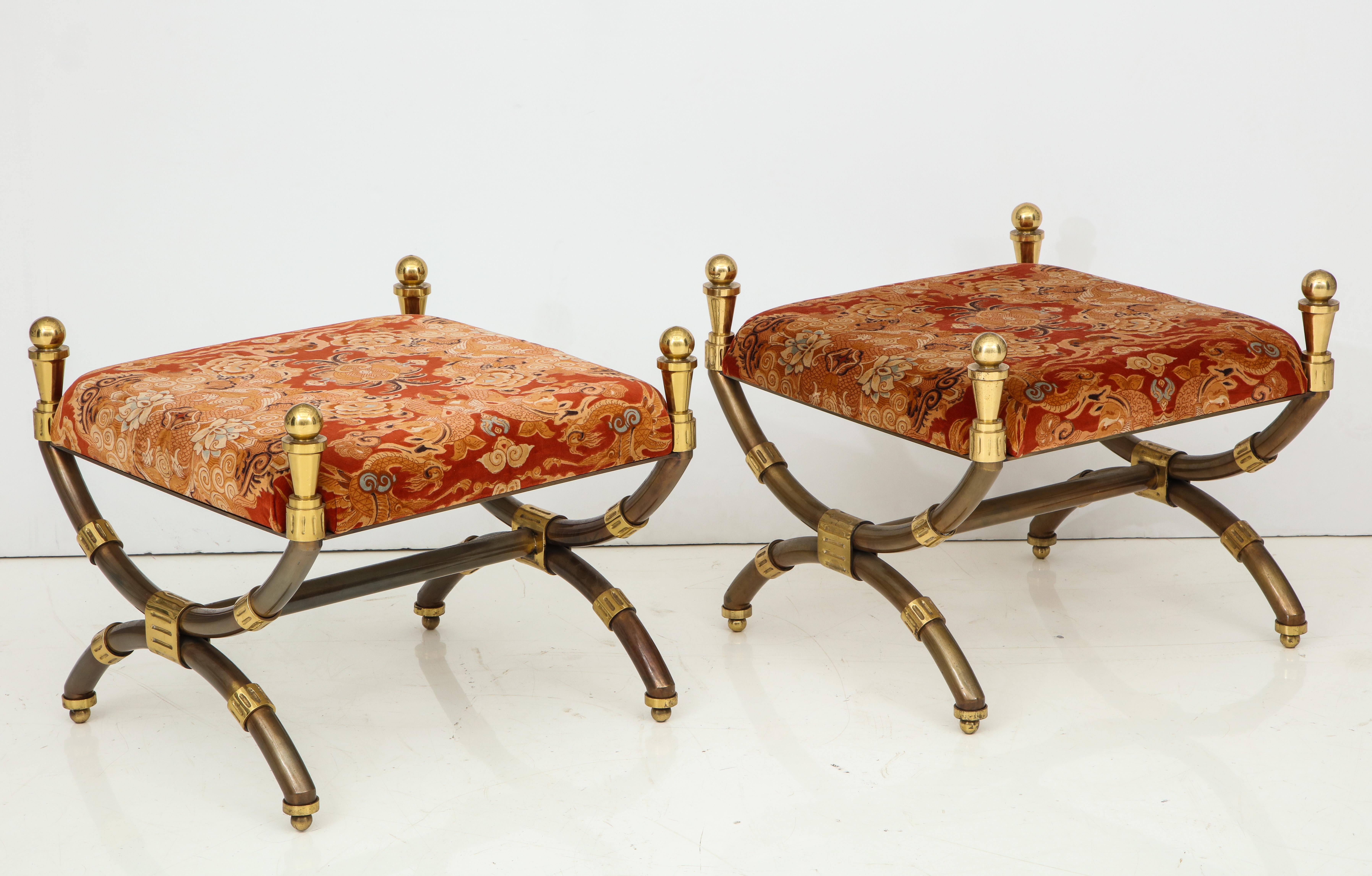 Italian Pair of Large 1970s Steel and Brass Benches Attributed to Alberto Orlandi, Italy