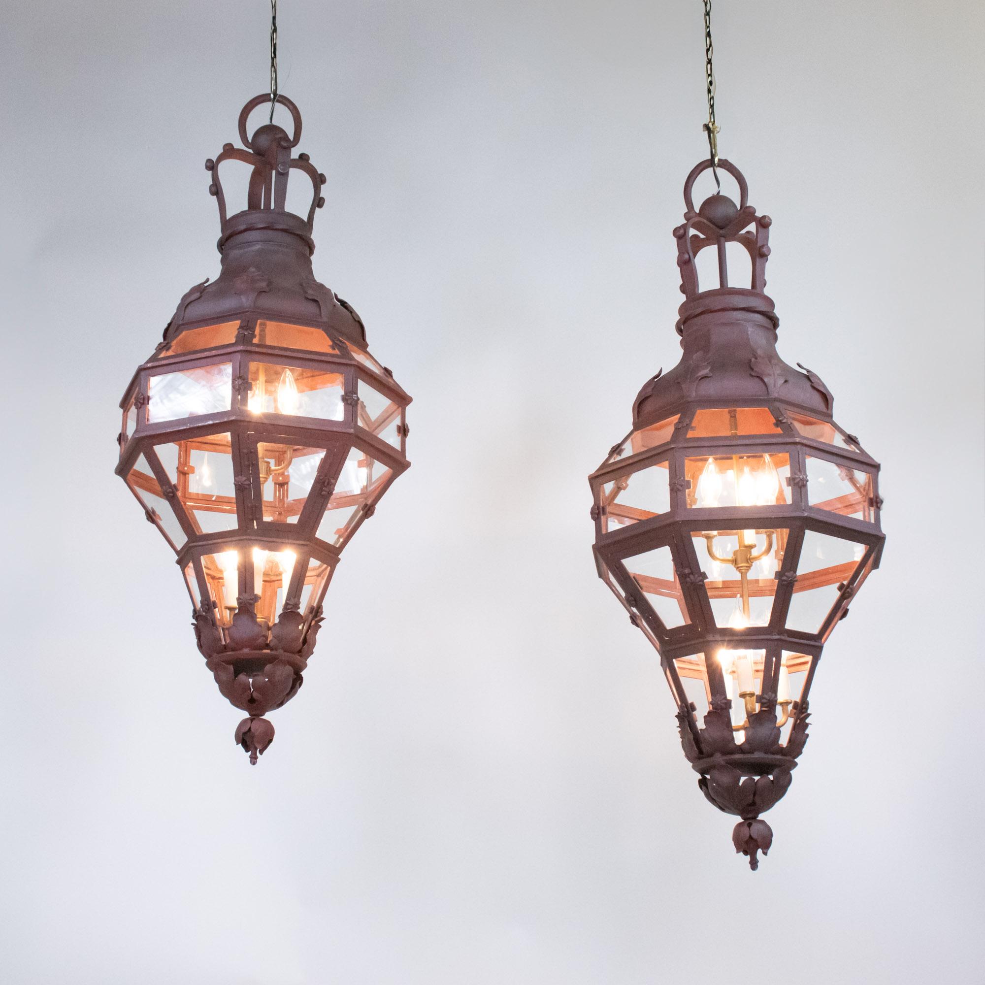 Hand-Crafted Pair of Large 19th/20th Century French Louis XVI Style Hand Wrought Lanterns For Sale