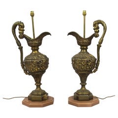 Antique Pair of Large 19th C. Brass Ewer Table Lamps