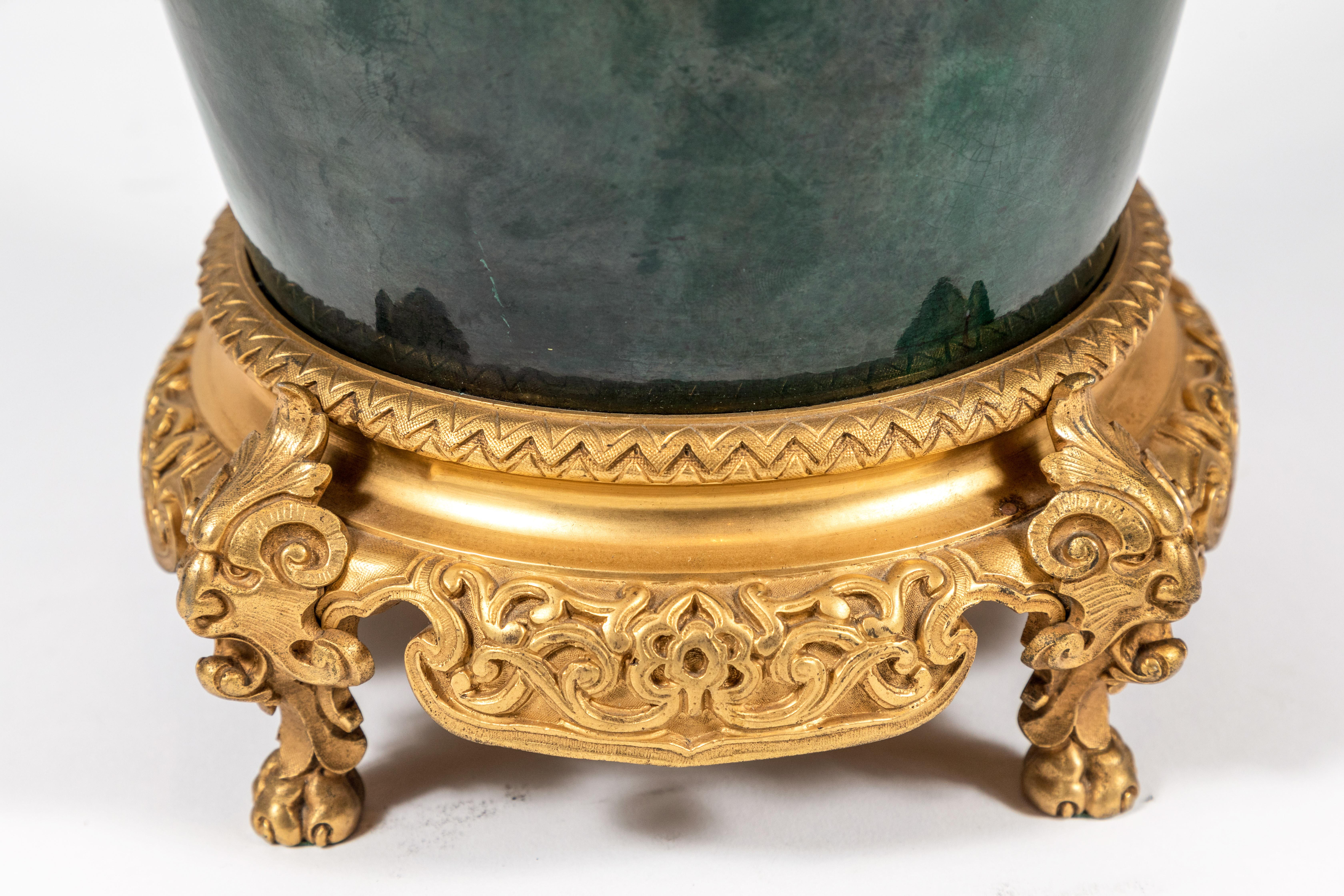 Gilt Pair of Large, 19th Century, Green, Glazed French Lamps