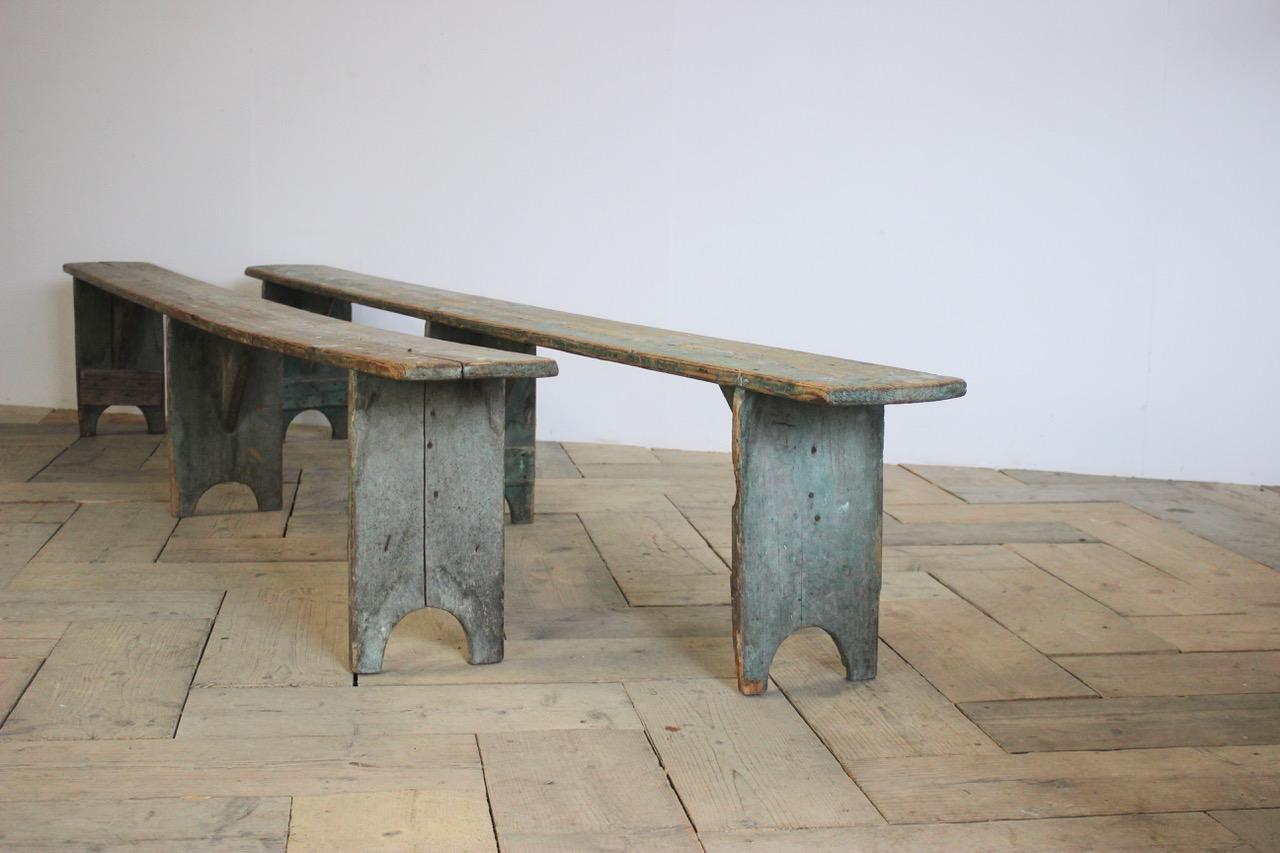 Swedish Pair of Large 19th Century Painted Benches in Original Paint For Sale