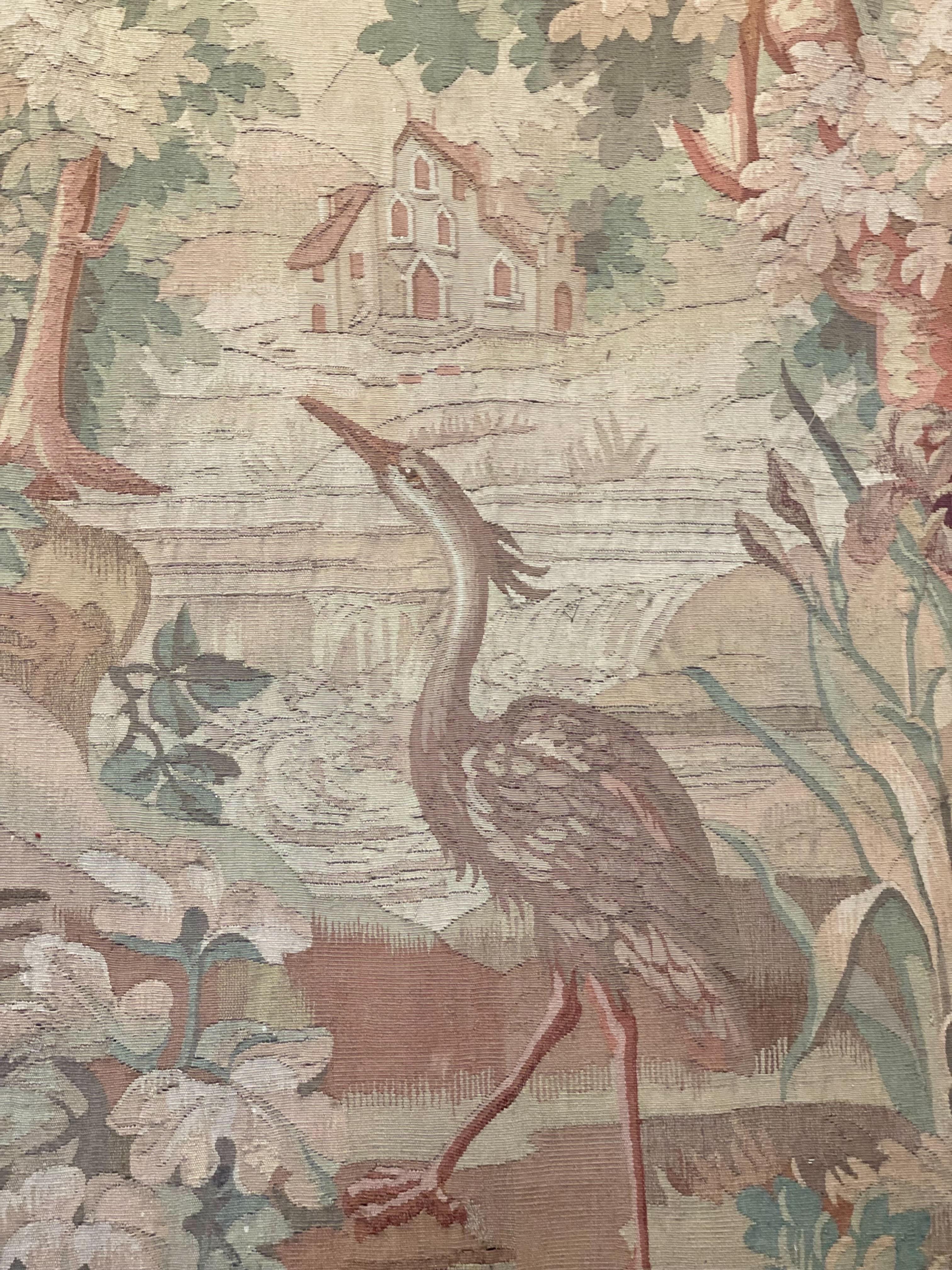 Paire de grandes tapisseries en Verdure d'Aubusson du 19ème siècle avec Héron et Canard en vente 4