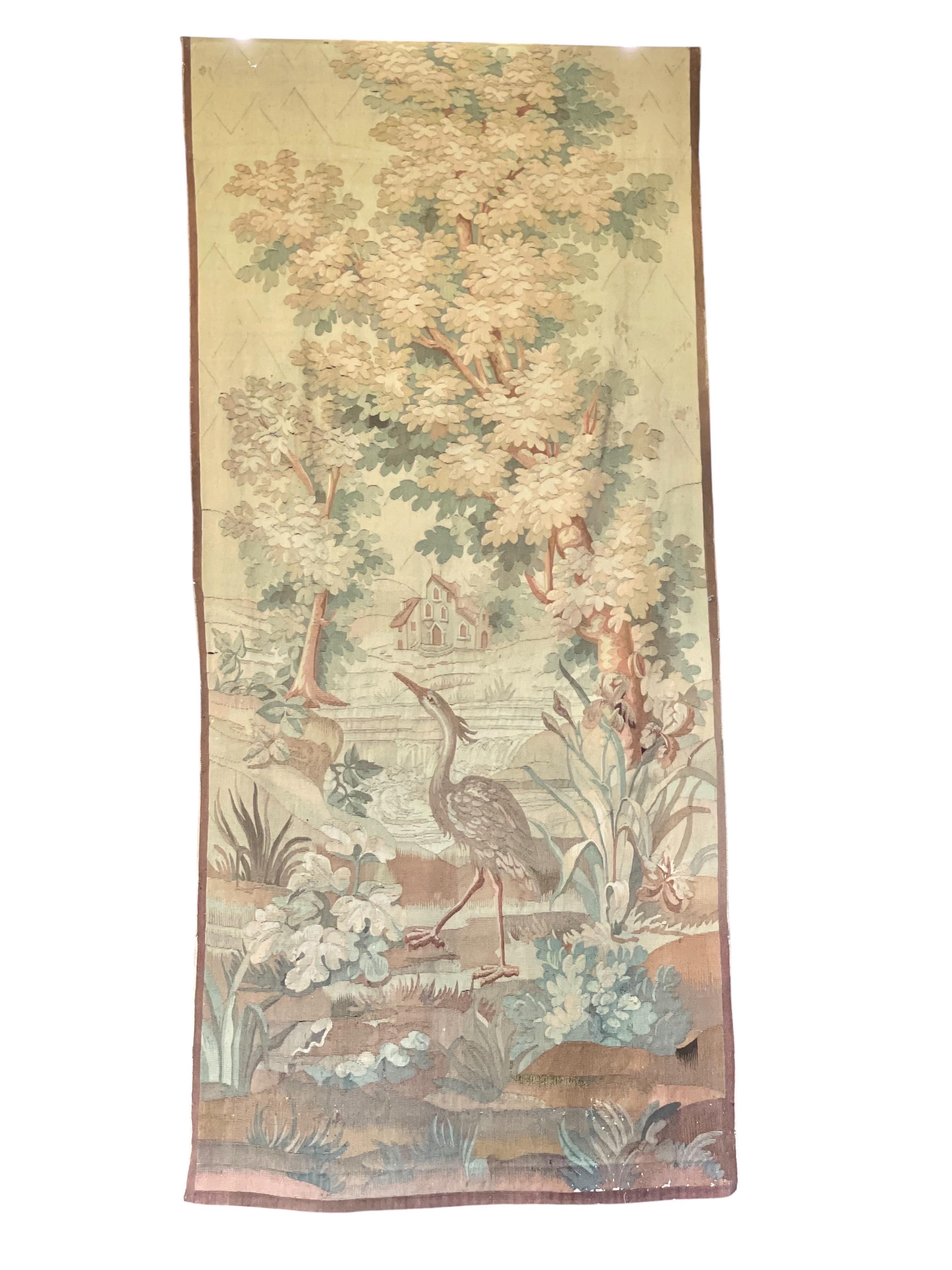 Paire de grandes tapisseries en Verdure d'Aubusson du 19ème siècle avec Héron et Canard en vente 1