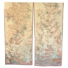 Antique Pair of Large 19th Century Aubusson Verdure Tapestries with Heron and Duck