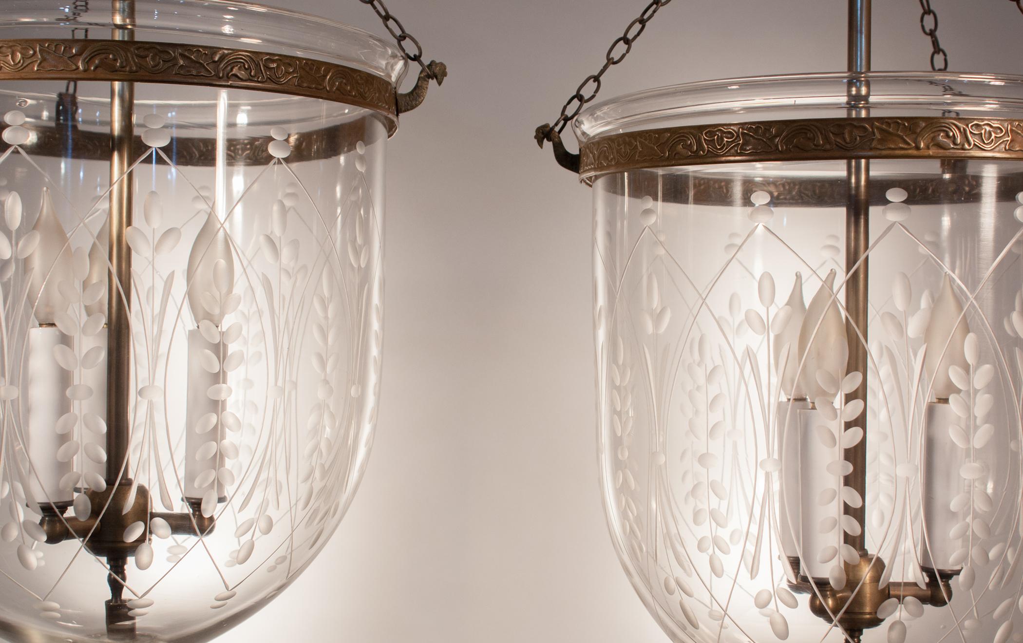 English Pair of Large 19th Century Bell Jar Lanterns with Wheat Etching