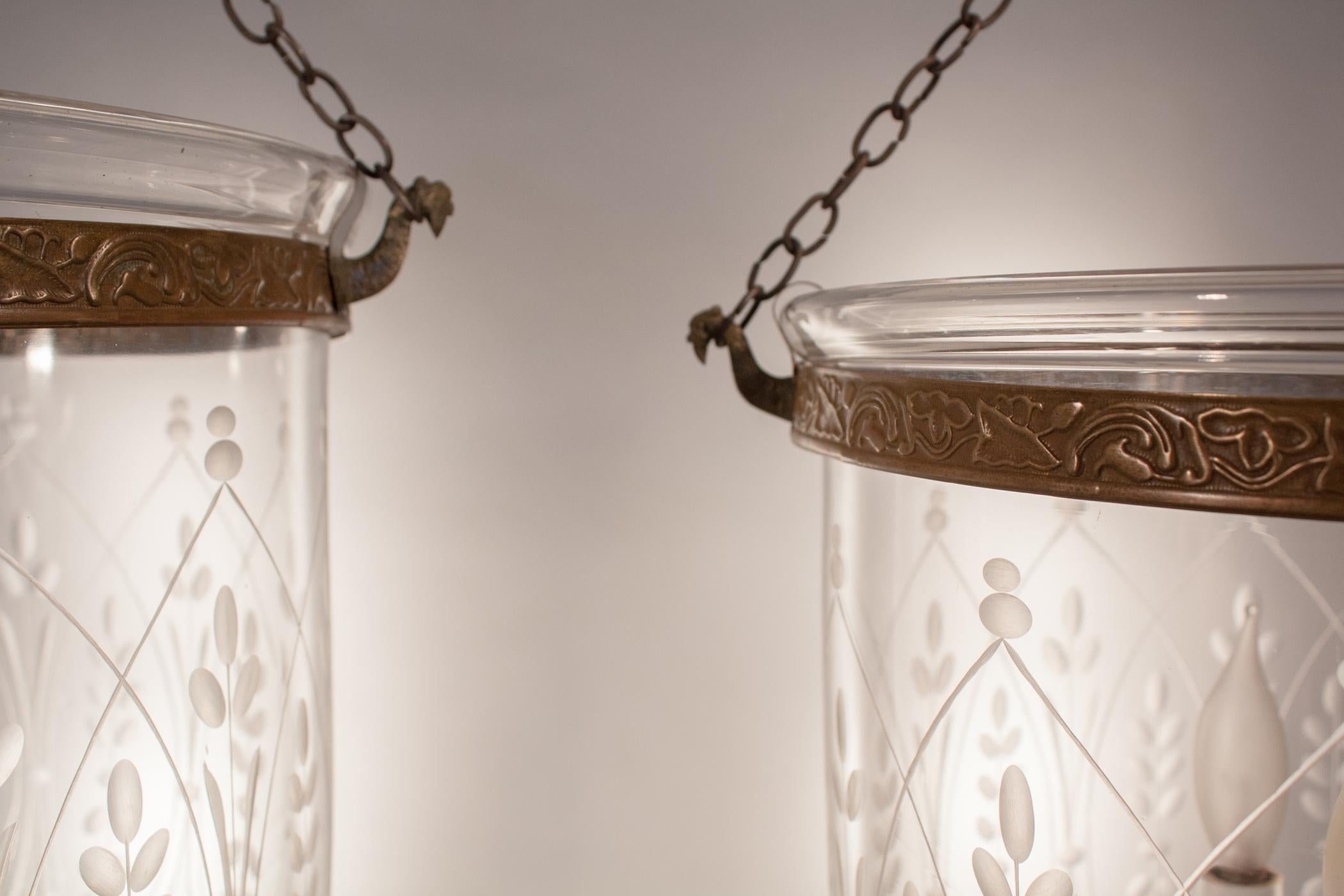 Etched Pair of Large 19th Century Bell Jar Lanterns with Wheat Etching