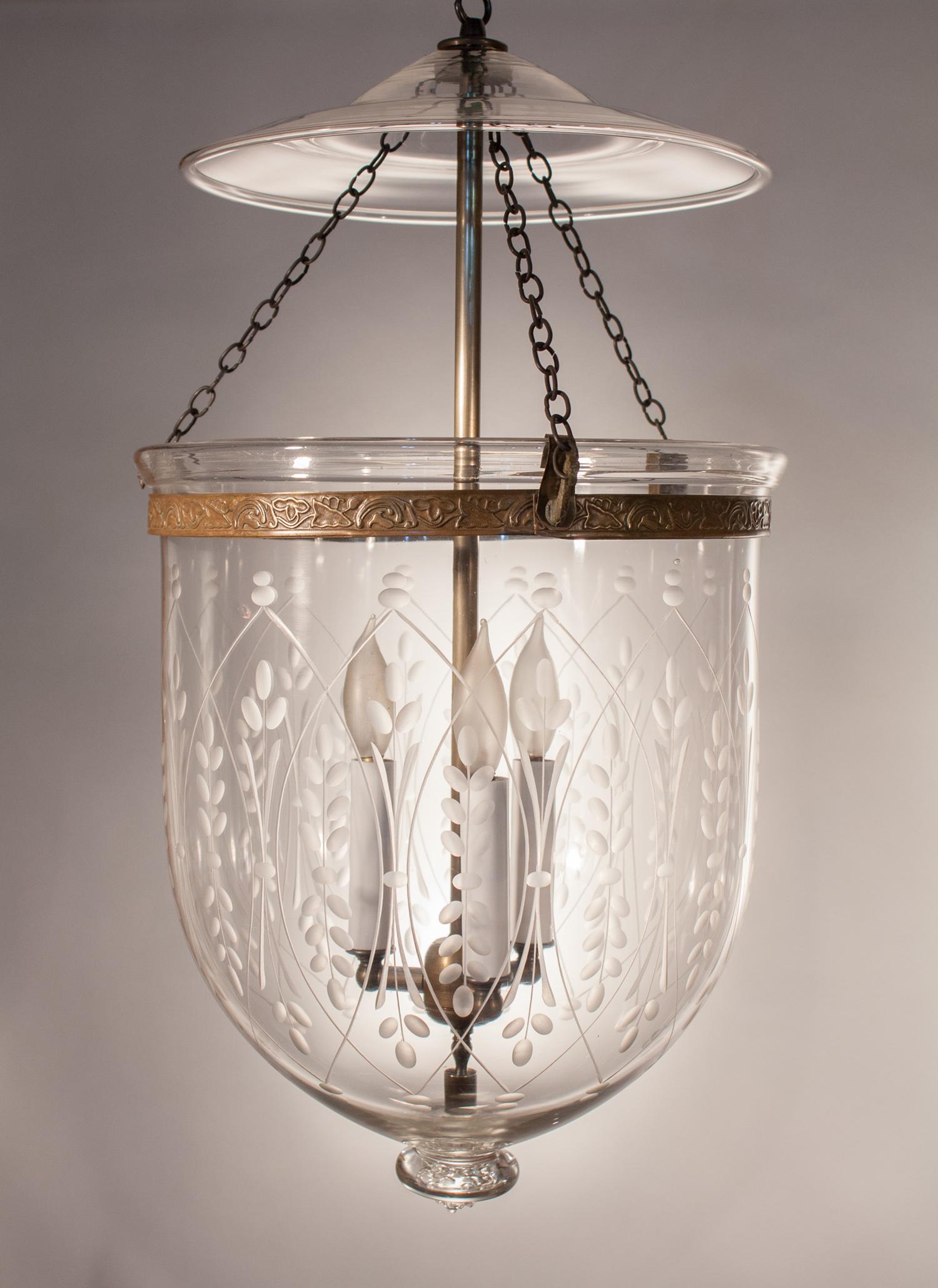 Pair of Large 19th Century Bell Jar Lanterns with Wheat Etching In Excellent Condition In Heath, MA