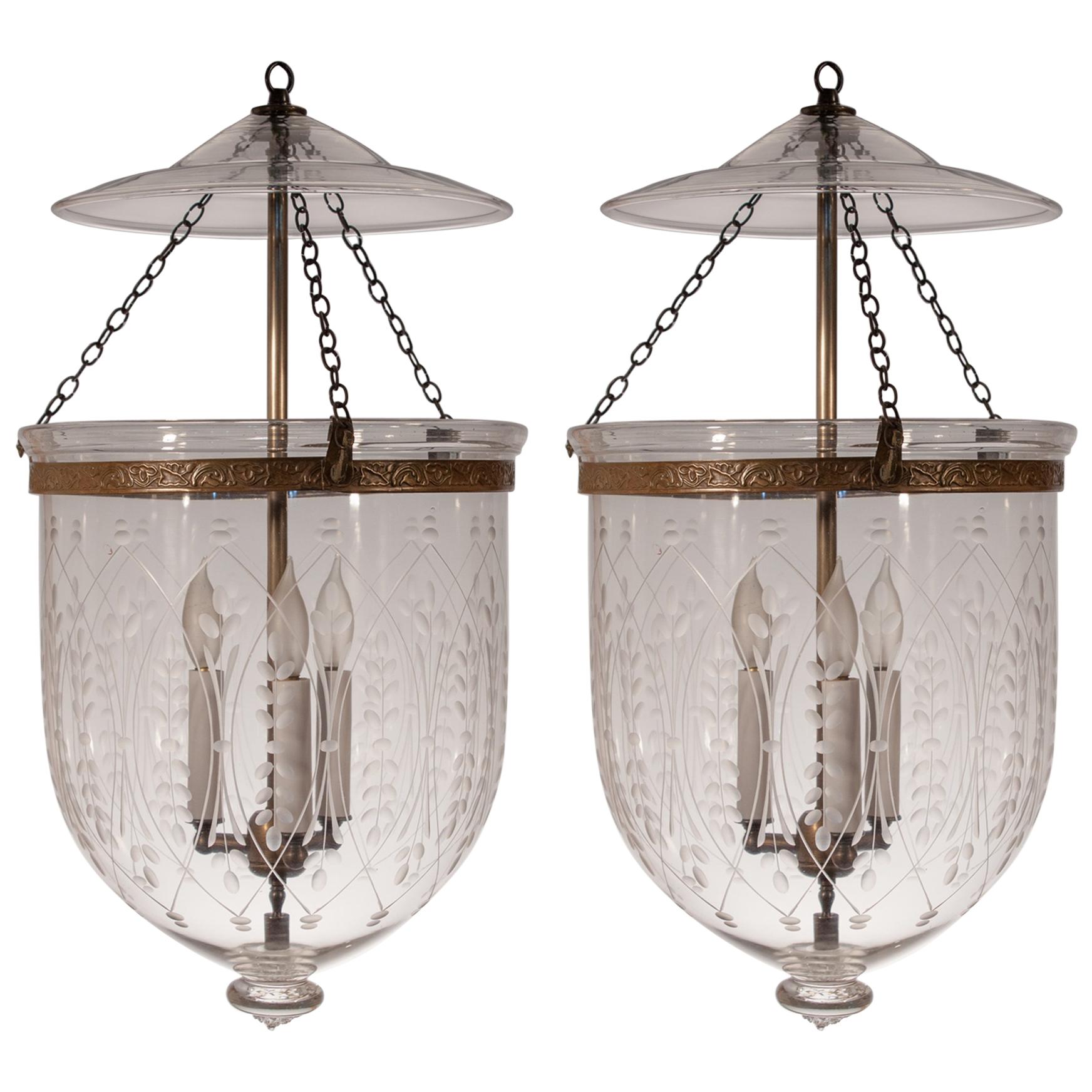 Pair of Large 19th Century Bell Jar Lanterns with Wheat Etching