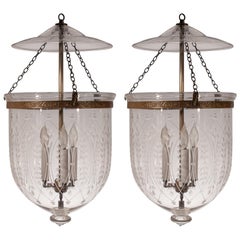Antique Pair of Large 19th Century Bell Jar Lanterns with Wheat Etching