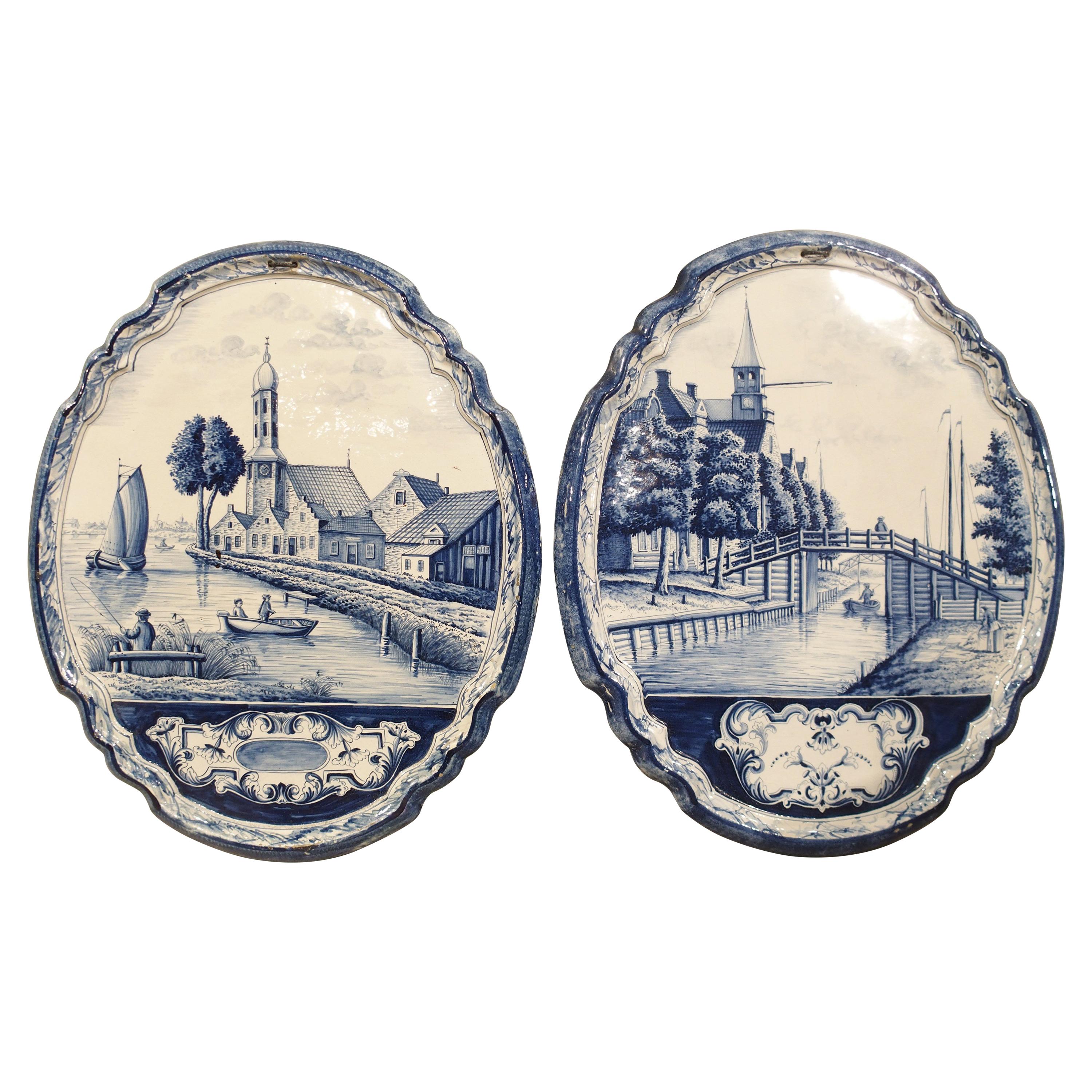 Pair of Large 19th Century Blue and White Delft Wall Plaques
