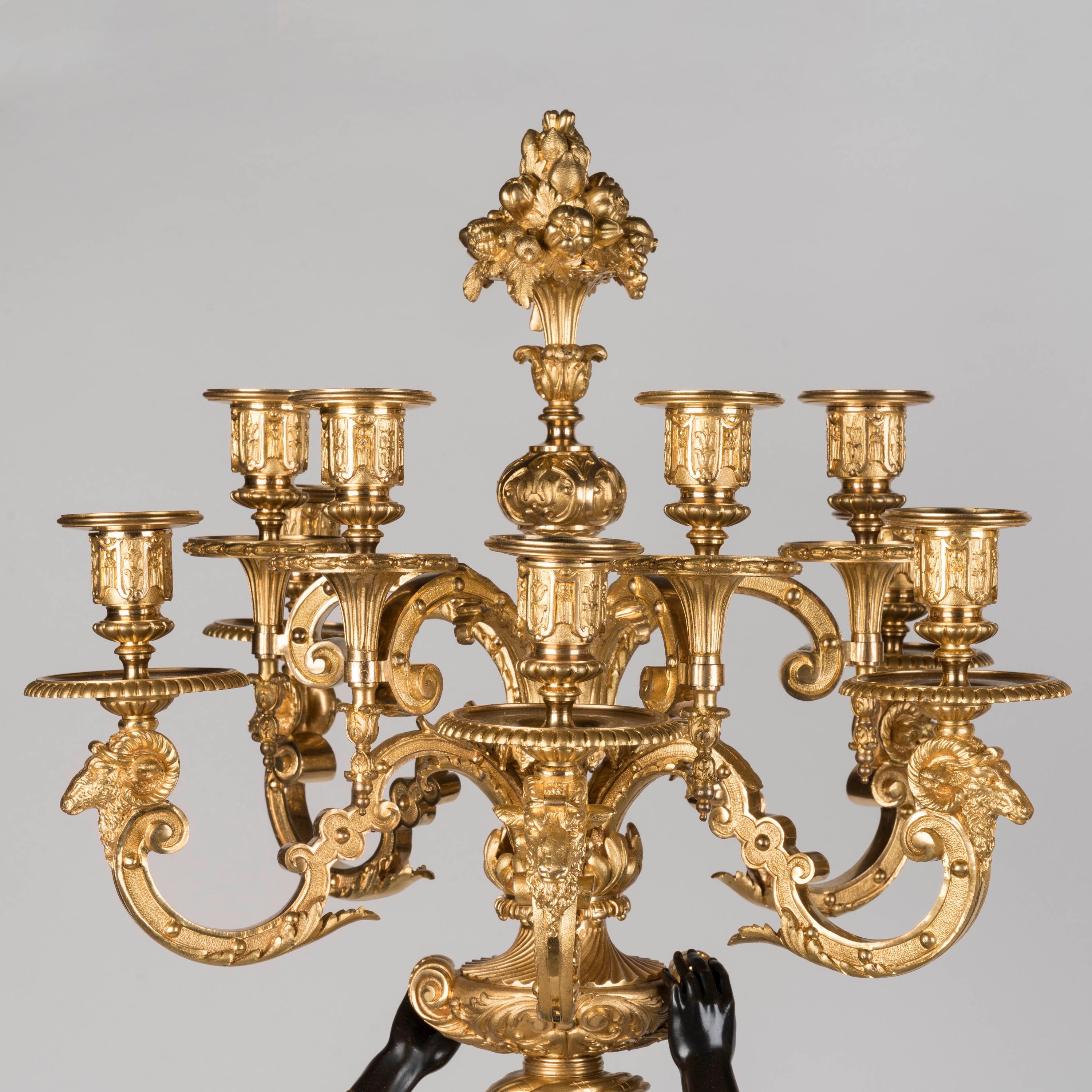 Pair of Large 19th Century Bronze and Gilded Figural Candelabra by Denière For Sale 4
