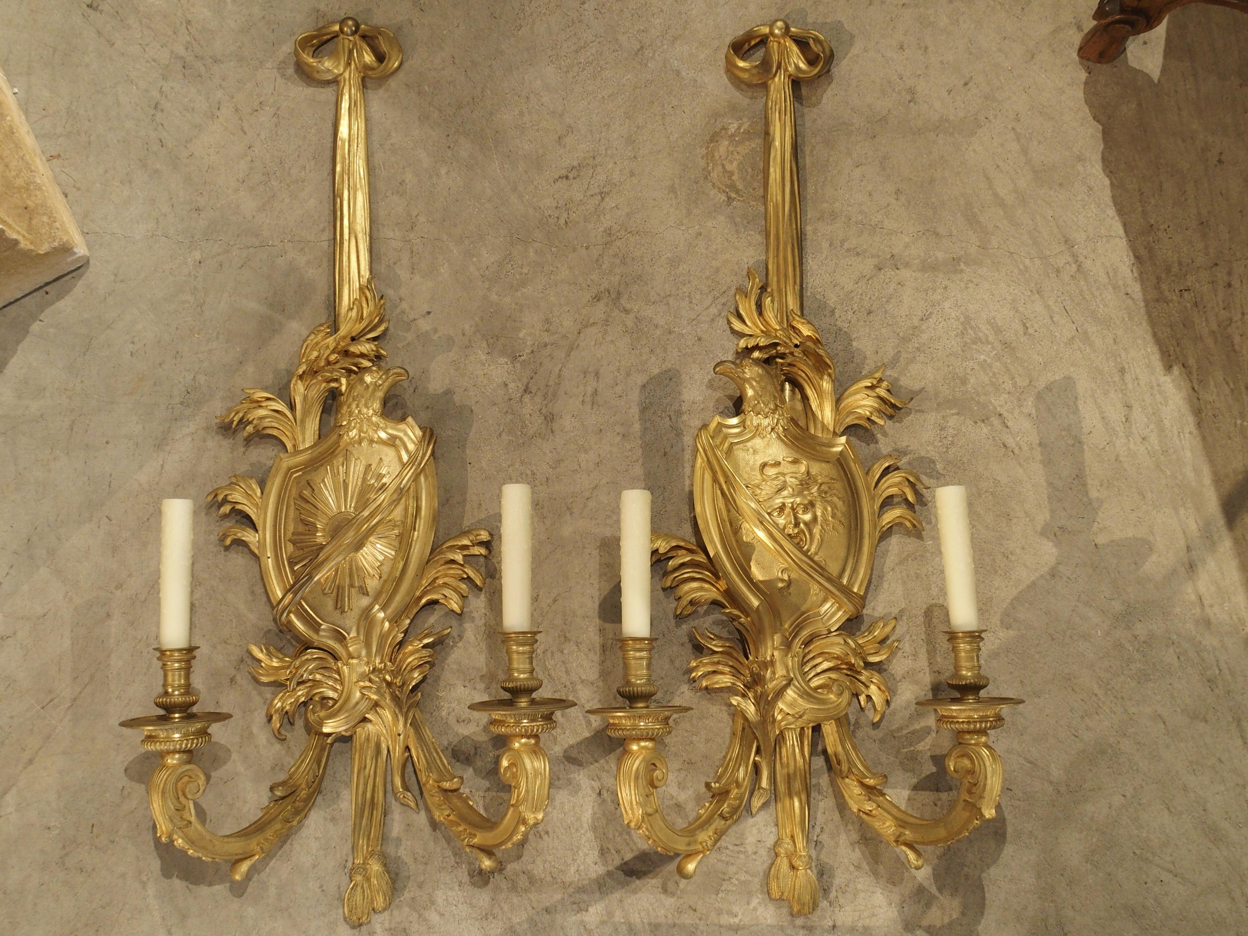 Pair of Large 19th Century Bronze Doré French Sconces of Medusa and the Sun 5