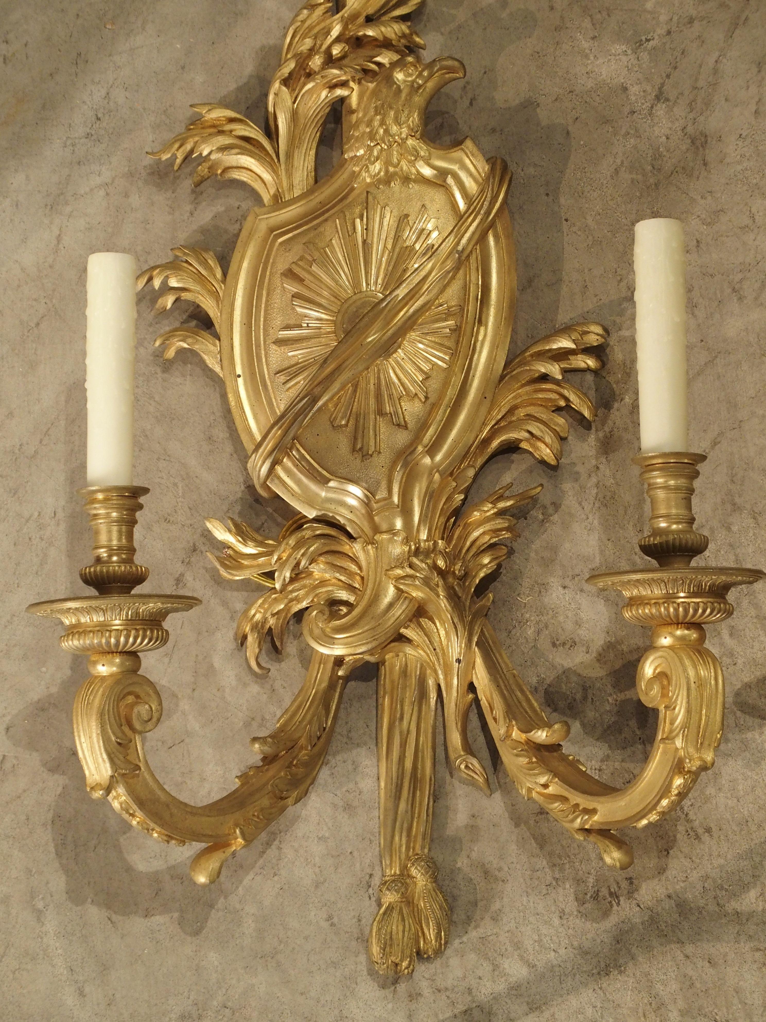 Pair of Large 19th Century Bronze Doré French Sconces of Medusa and the Sun 9