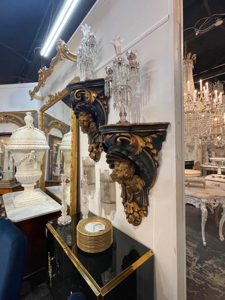 Pair of Large 19th Century Carved and Parcel Gilt Cherub Wall Brackets ...