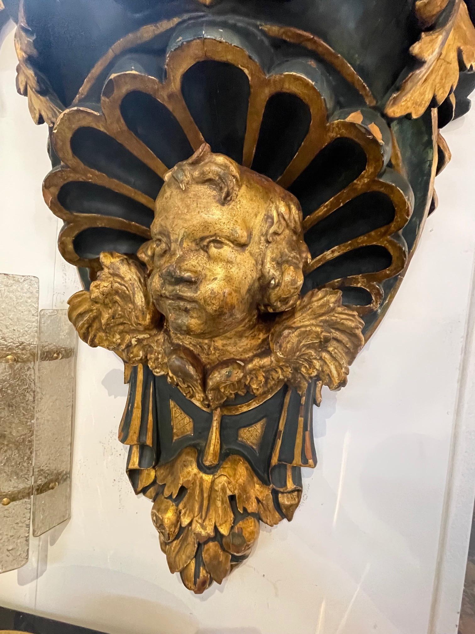 Pair of Large 19th Century Carved and Parcel Gilt Cherub Wall Brackets In Good Condition In Dallas, TX