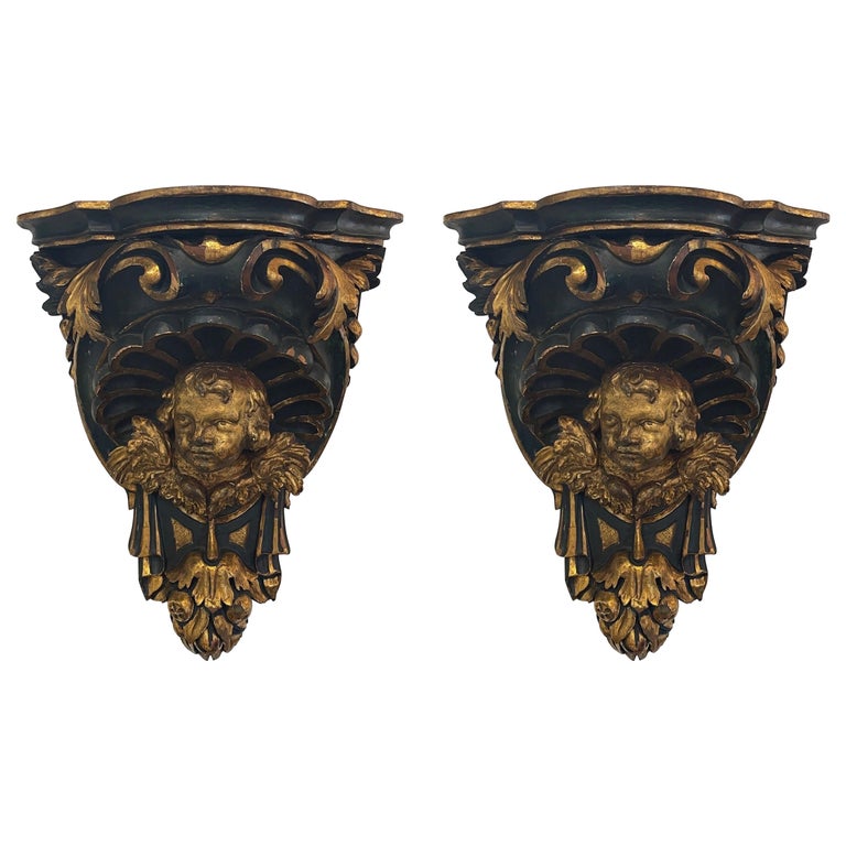 Pair of Large 19th Century Carved and Parcel Gilt Cherub Wall Brackets ...