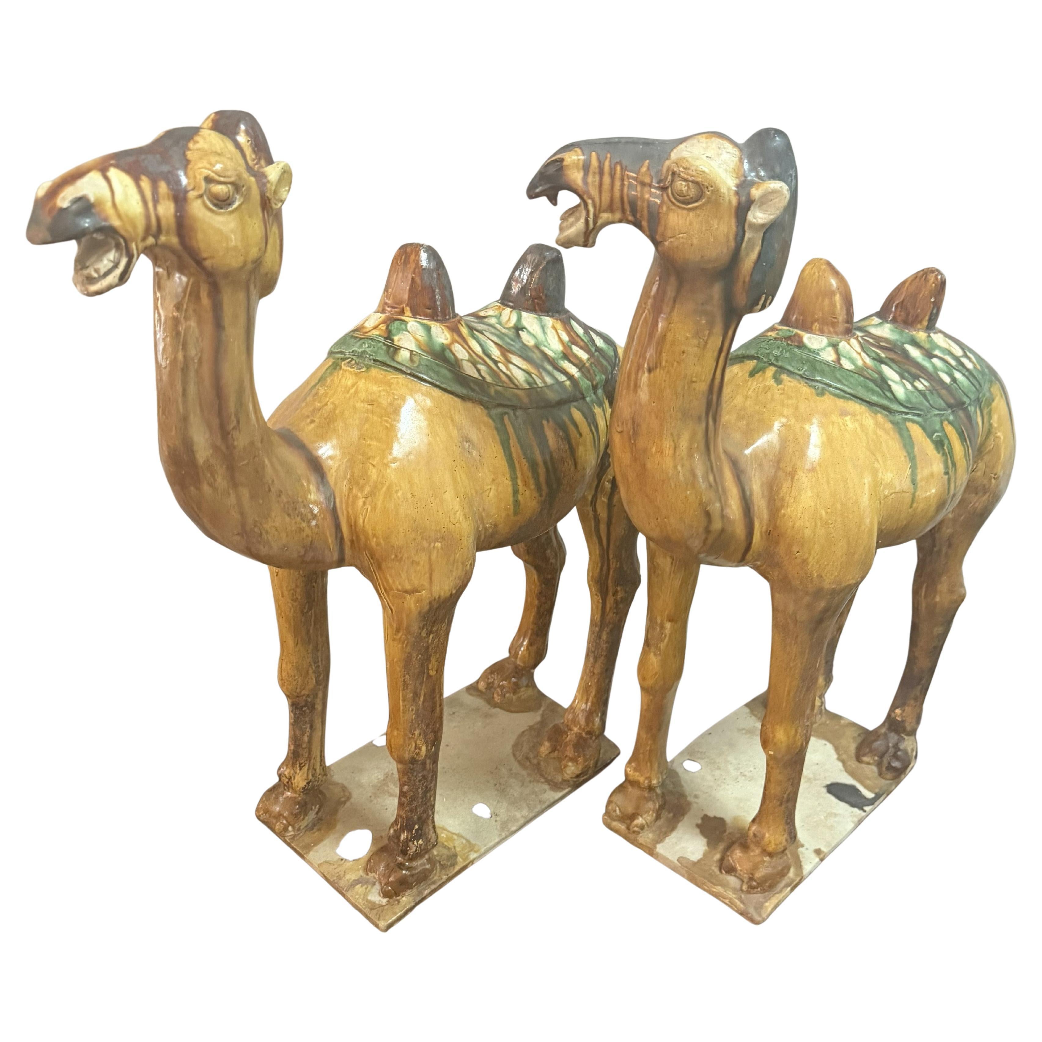 Paar große chinesische Kamelfiguren aus glasierter Keramik des 19. im Angebot