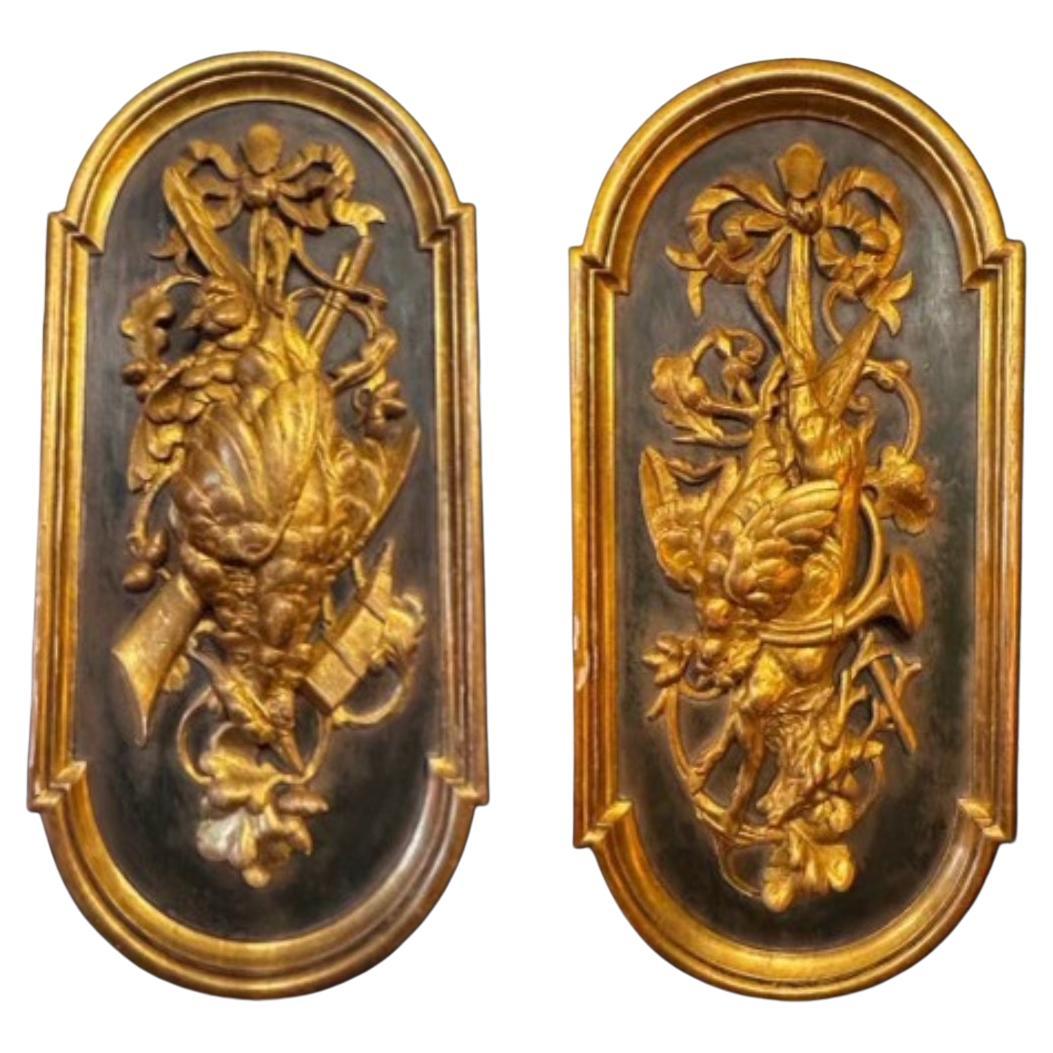 Pair of Large 19th Century English Carved Guilt Hunting Wall Plaques