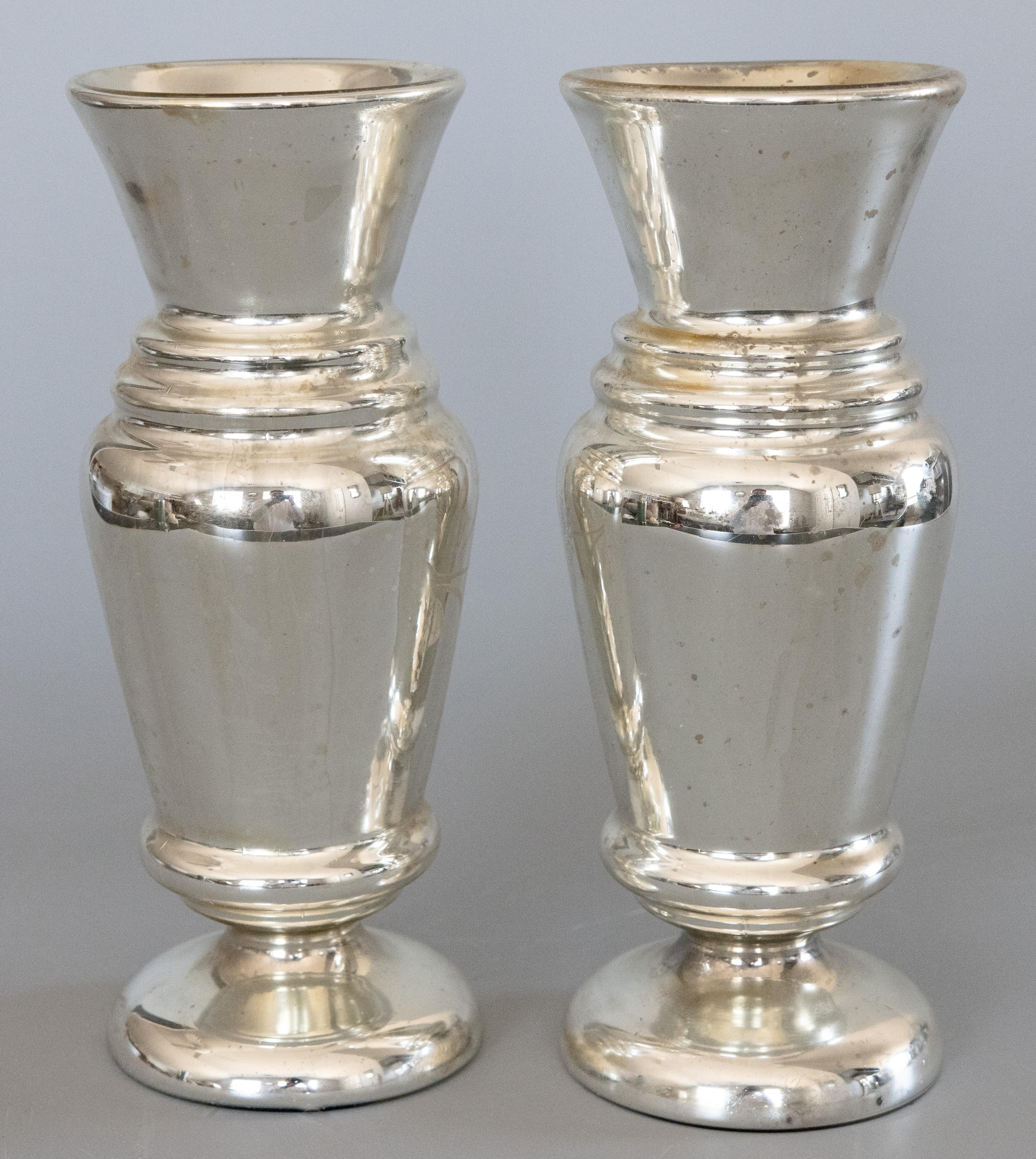 Hand-Painted Pair of Large 19th Century English Silvered Mercury Glass Vases For Sale