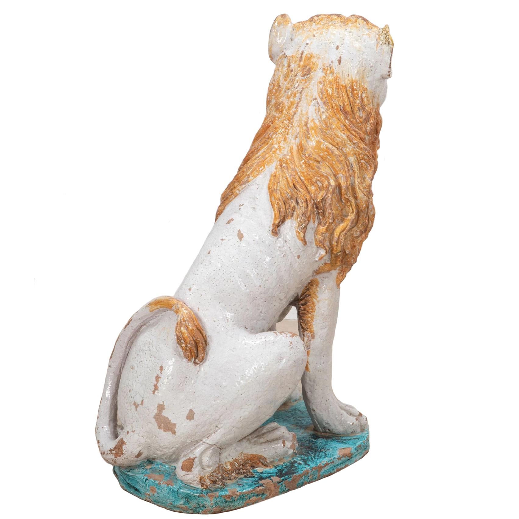 Glazed Pair of Large 19th Century Faience Lions