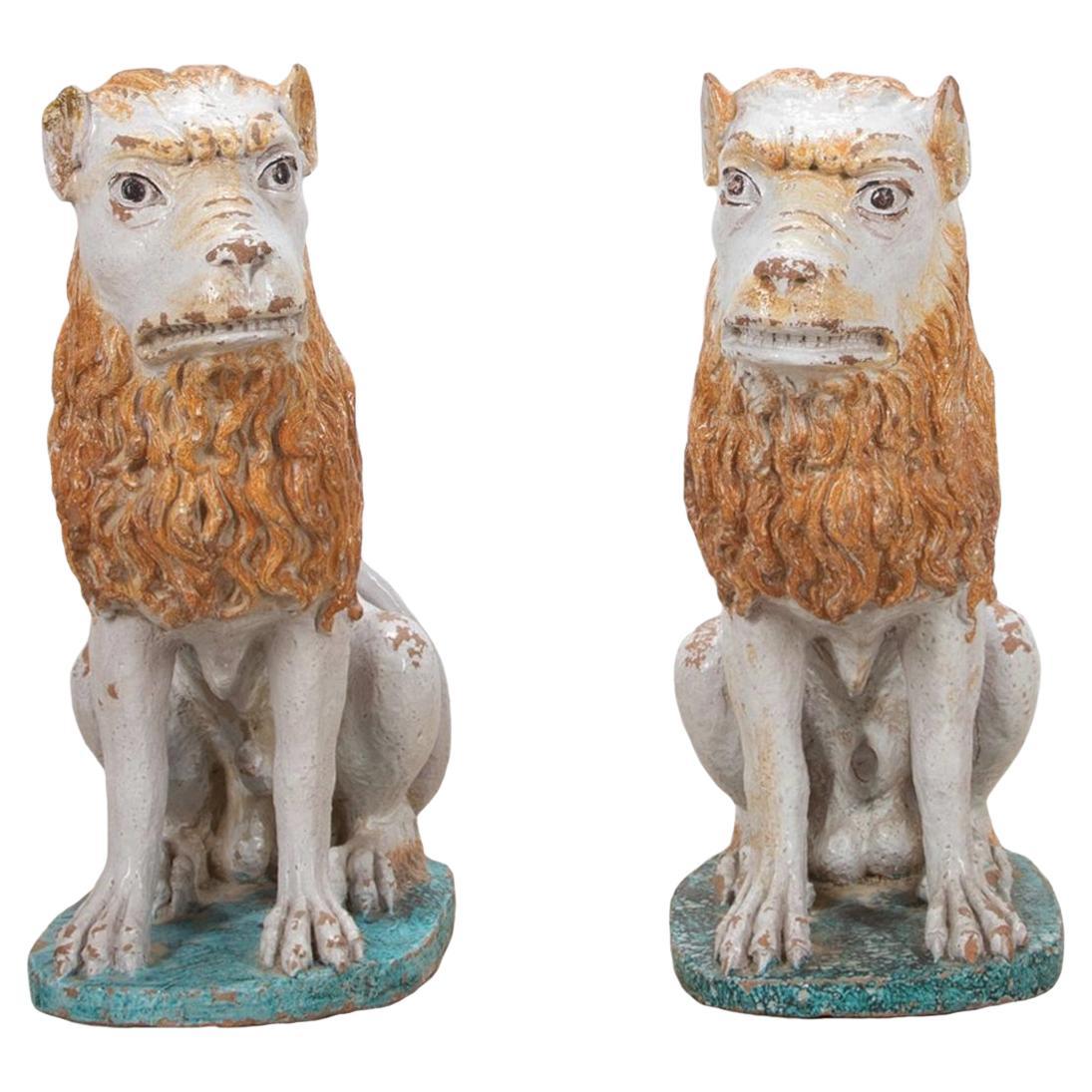 Pair of Large 19th Century Faience Lions