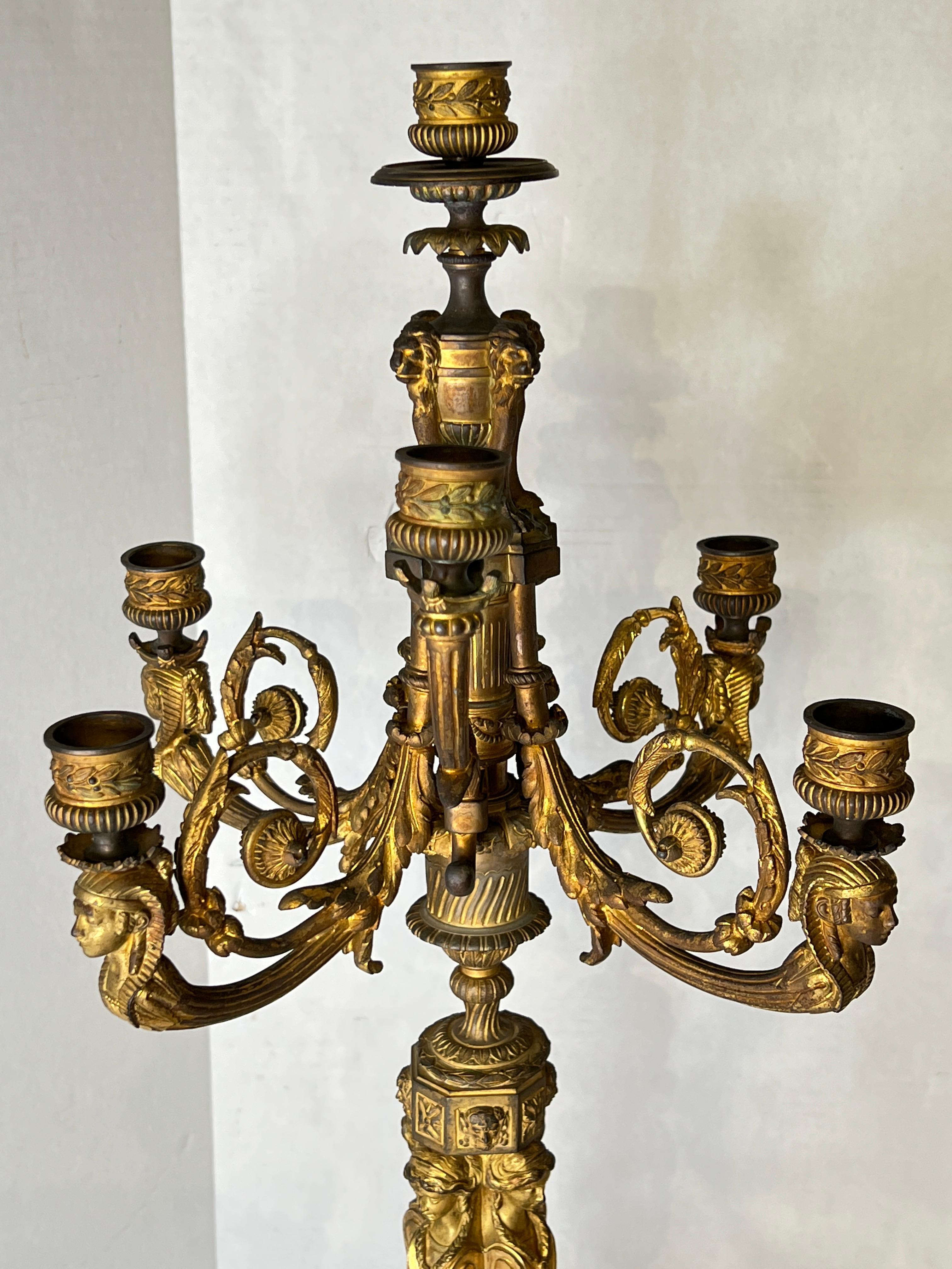 Egyptian Revival Pair of Large 19th Century French Gilt Bronze Candelabra in Empire Style For Sale