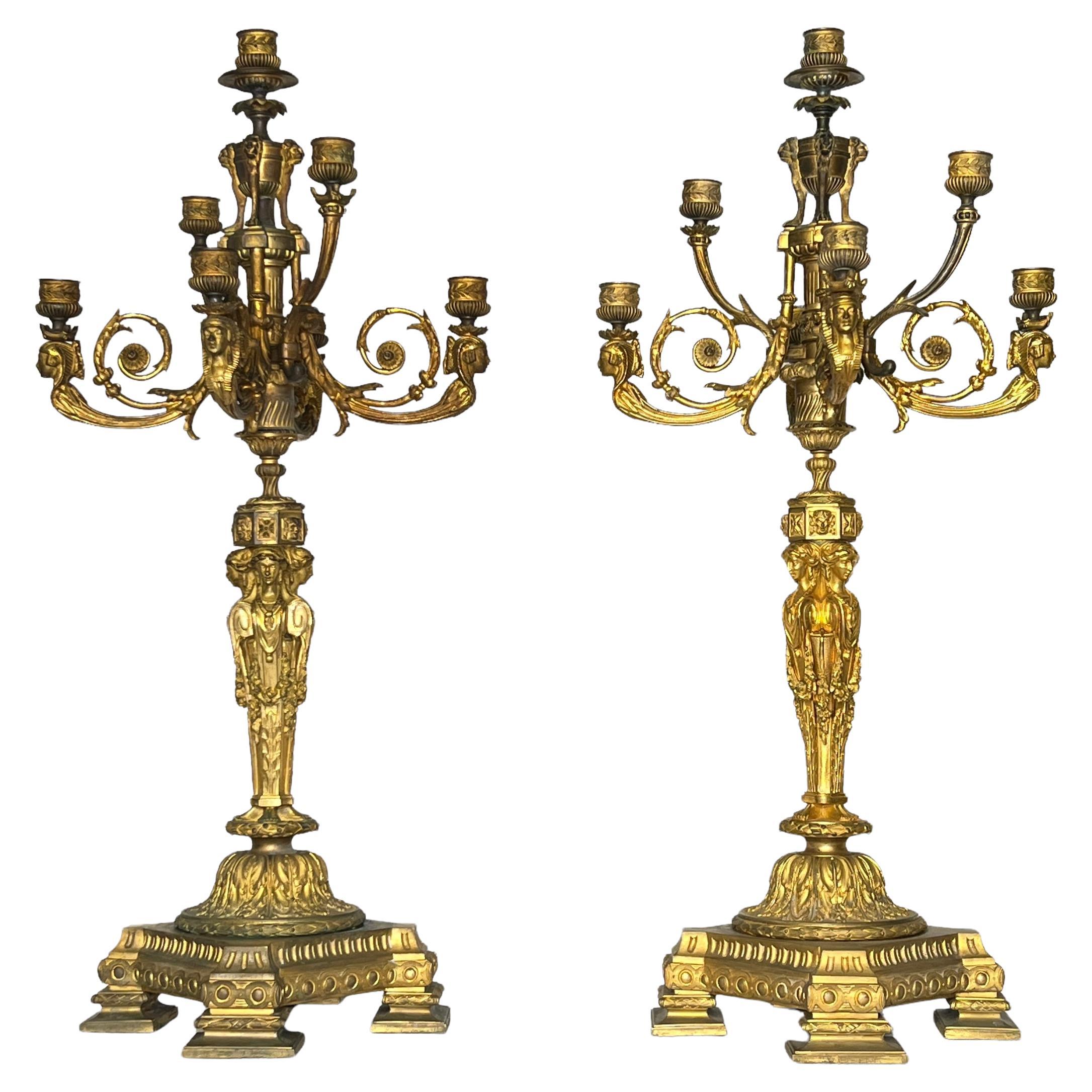 Pair of Large 19th Century French Gilt Bronze Candelabra in Empire Style For Sale